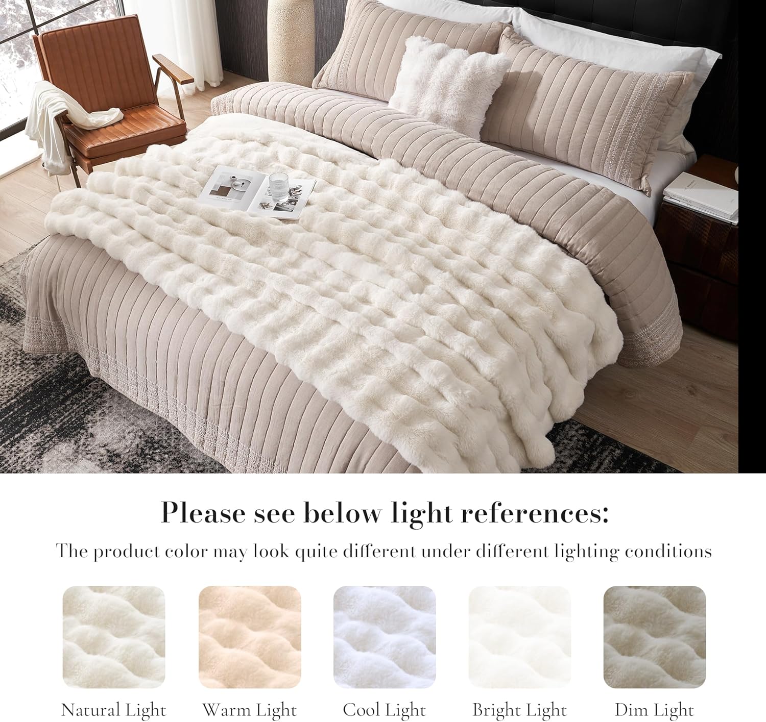 Cream White Faux Fur Bubble Throw Blanket