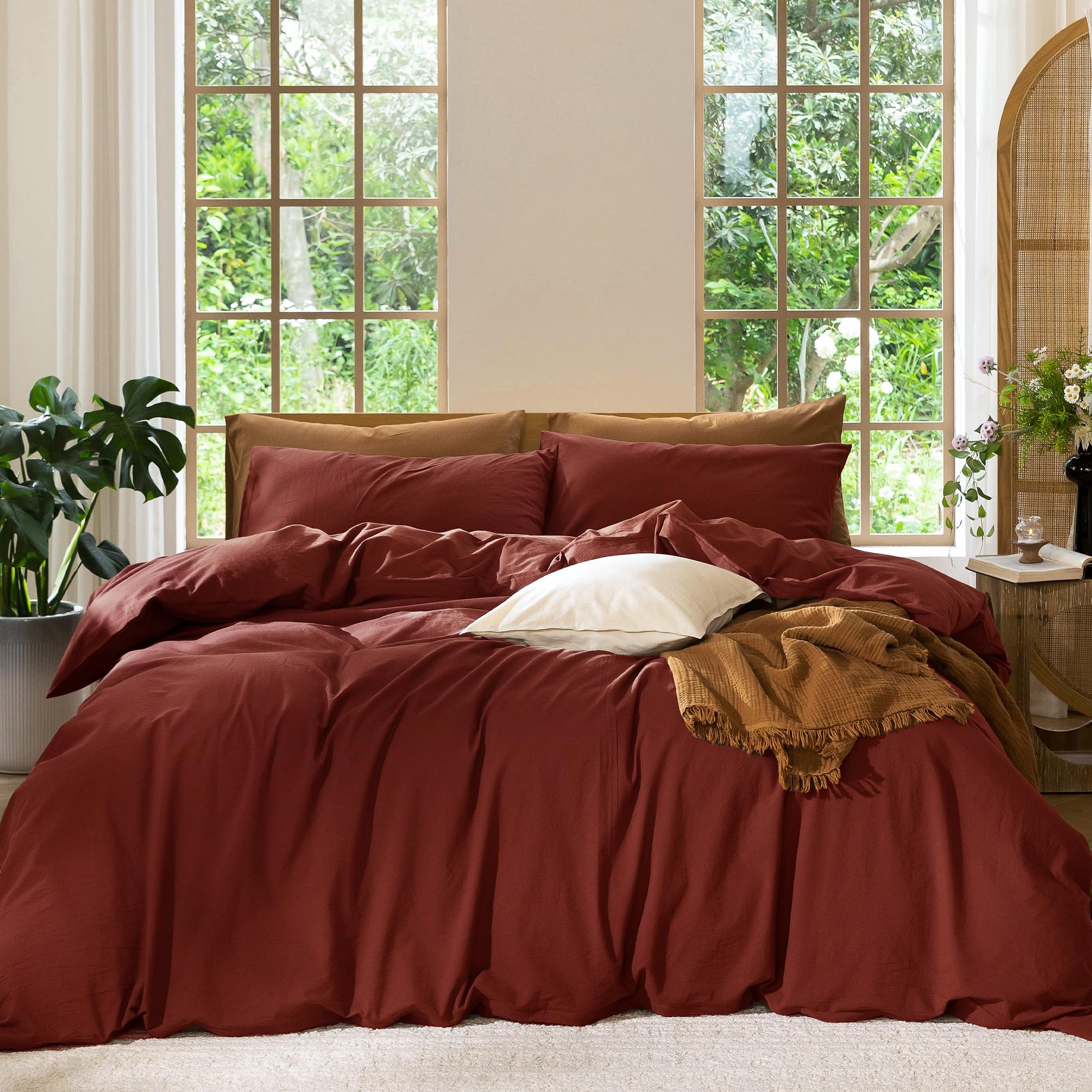 MooMee Bedding Duvet Cover Set 100% Washed Cotton Linen Like Textured Breathable Durable Soft Comfy (Solid Off White, Palatial King/Oversized King 120"x98")