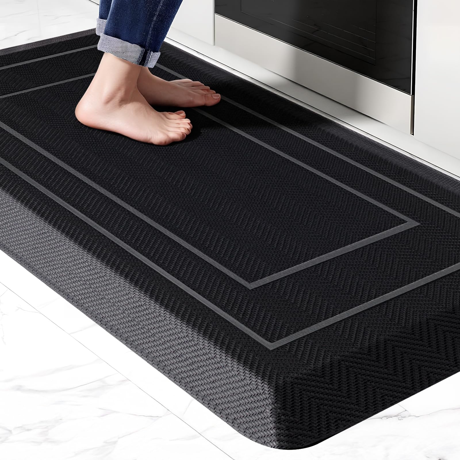 UKISS 9/10"" Extra Thick Cushioned Anti Fatigue Kitchen Mat, Waterproof High Density Foam Standing Desk Mat, Non-Slip Ergonomic Comfort Mat for Kitchen, Office,Workstation Black (Black, 20" X 48")