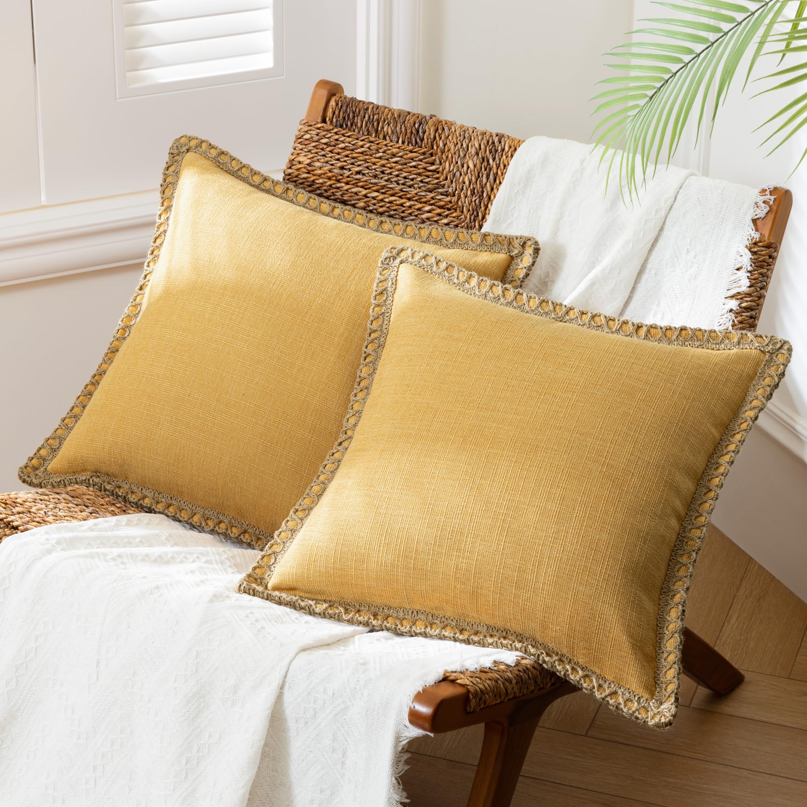 Phantoscope Pack of 2 Farmhouse Decorative Solid Pillow Cover Burlap Linen Trimmed Tailored Edges, Black, 24 x 24 inches, 60 x 60 cm