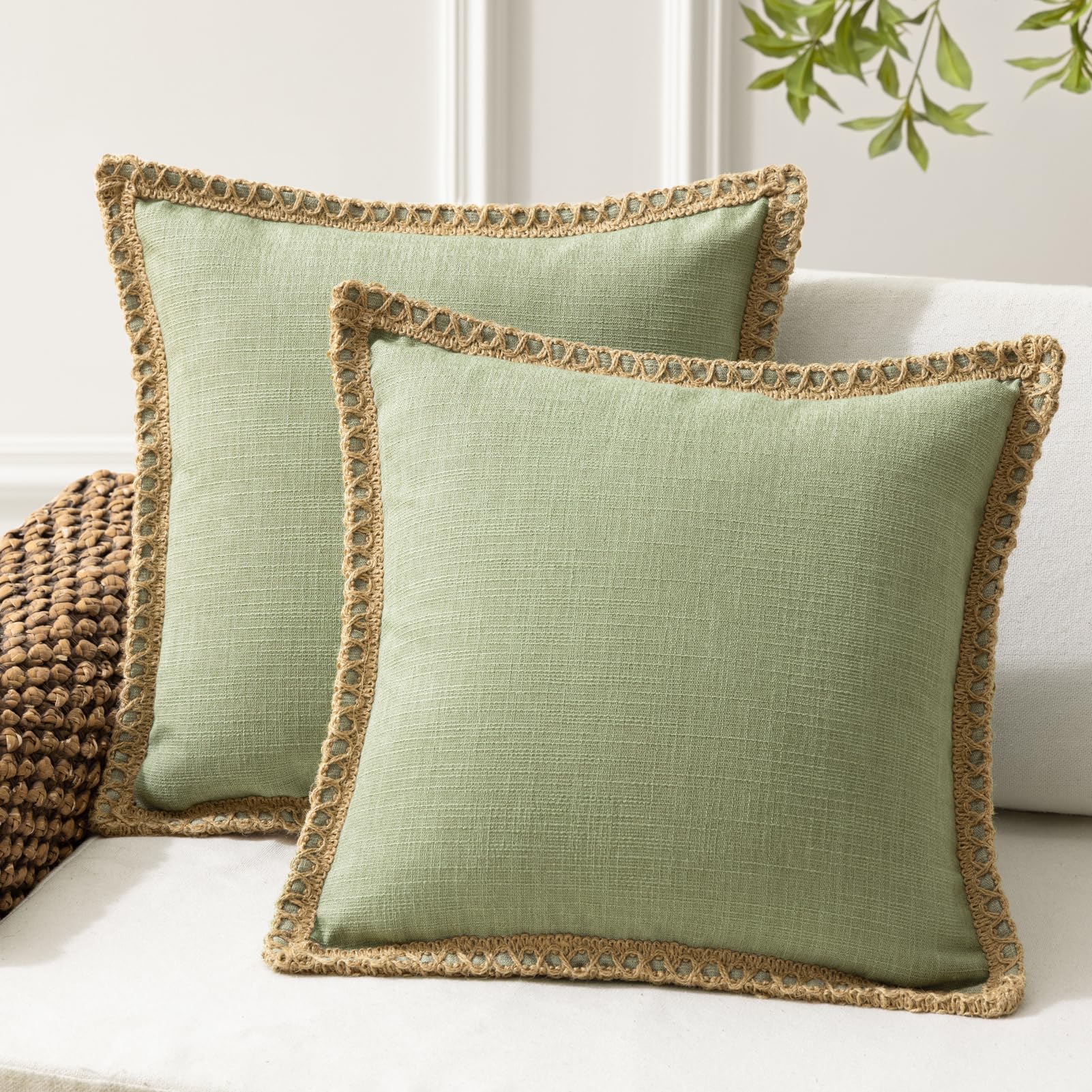 Phantoscope Pack of 2 Farmhouse Decorative Solid Pillow Cover Burlap Linen Trimmed Tailored Edges, Black, 24 x 24 inches, 60 x 60 cm