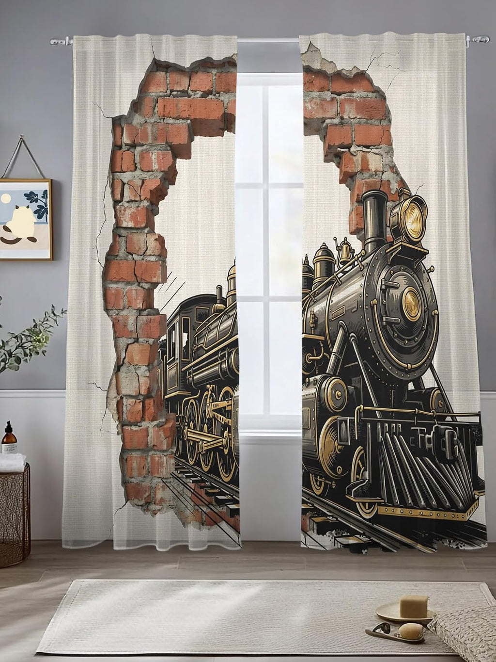 Vintage Steam Train Semi Sheer Curtains 96 inch length 2 panels set Cracked Brick Wall Rustic Industrial Kitchen Curtains Rod Pocket Sheer Drapes for Bedroom Living Room, Voile Window Treatment