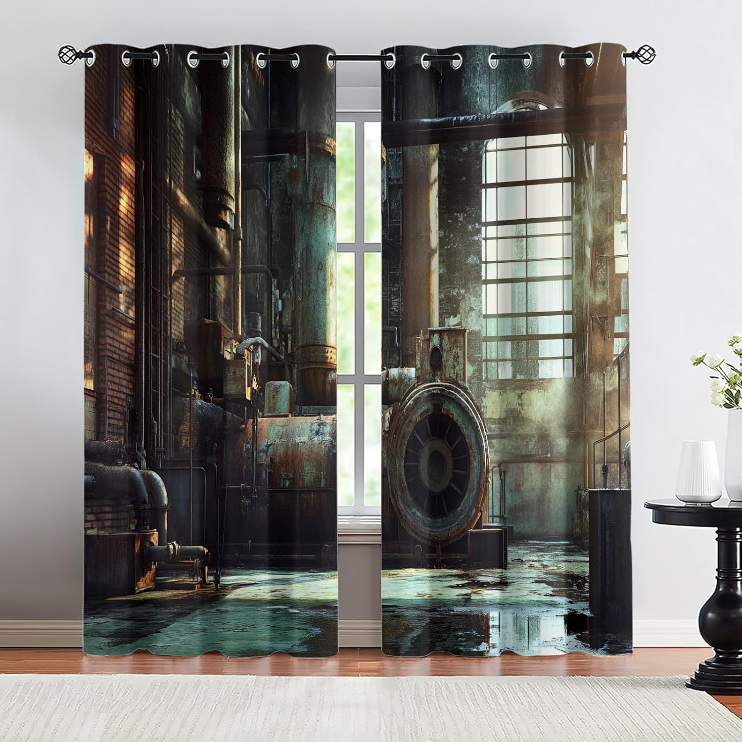 Machinery Window Treatments, Factory Blackout Curtains for Bedroom, Retro Industrial Style Grommet Window Curtain for Bedroom Living Room Patio, 42 x 96 Inch, 2 Panels