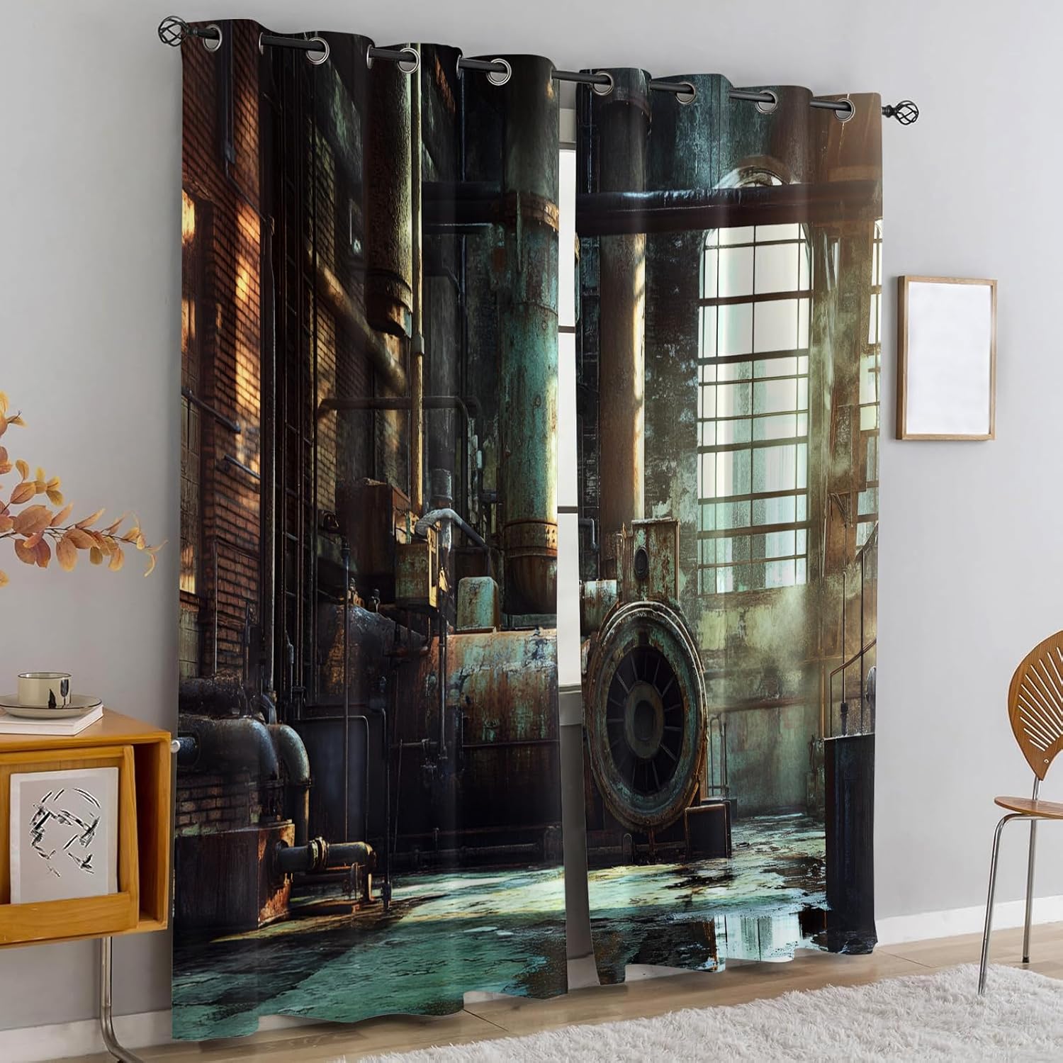 Machinery Window Treatments, Factory Blackout Curtains for Bedroom, Retro Industrial Style Grommet Window Curtain for Bedroom Living Room Patio, 42 x 96 Inch, 2 Panels
