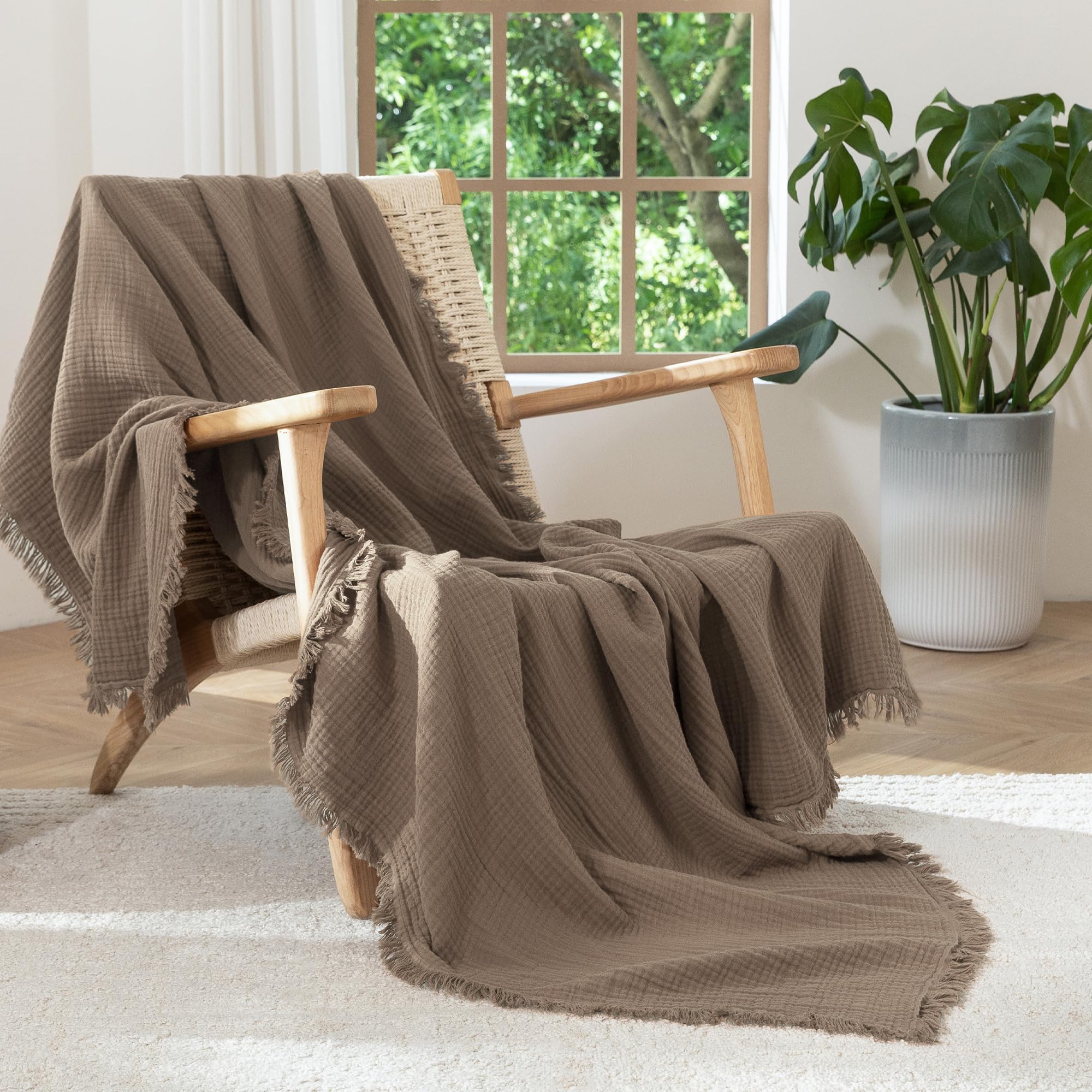 MooMee Muslin Blanket - 100% Cotton 4-Layer Gauze Throw Blanket with All-Around Fringe, Soft Breathable Lightweight Cooling Summer Blankets for Bed Couch (Cream Grey,Super King 108" x 98")