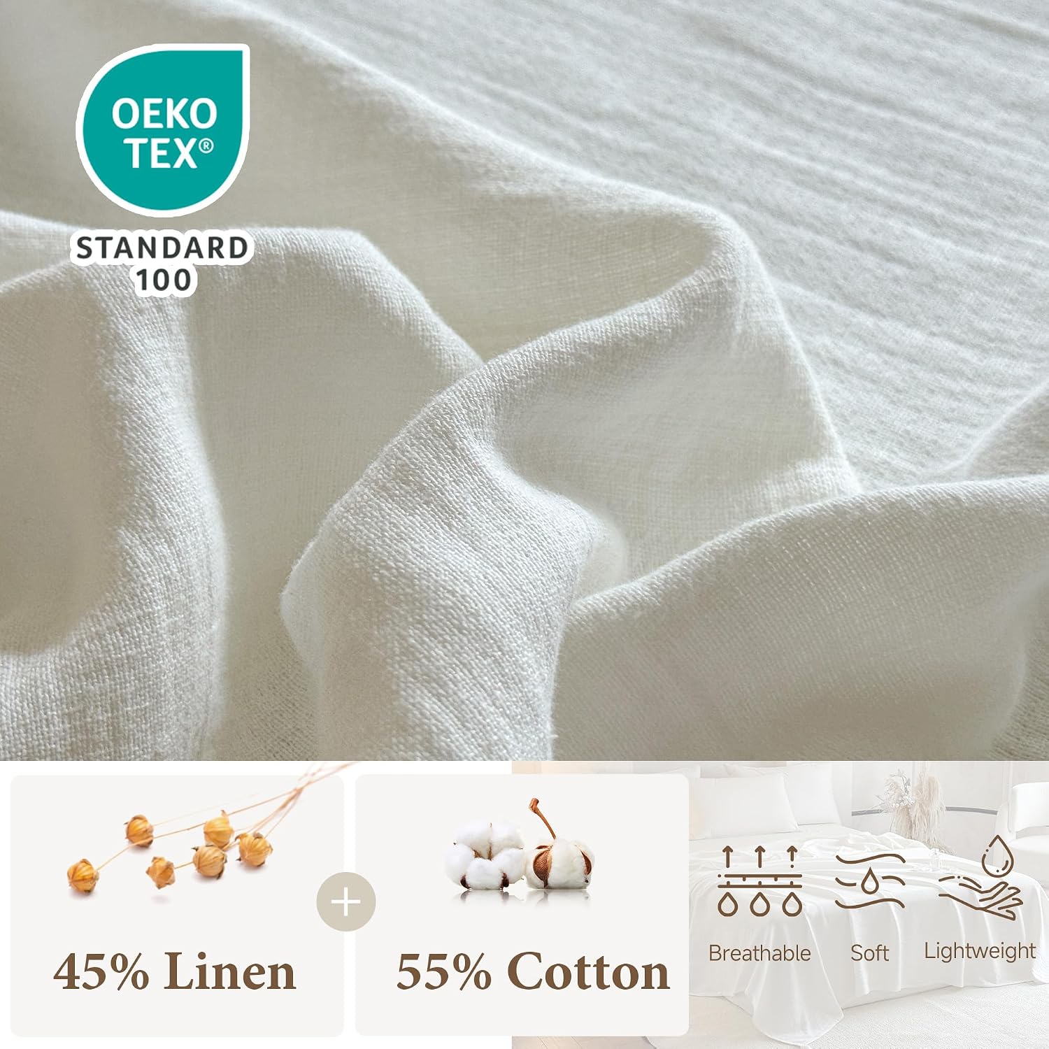 Simple&Opulence Linen Cotton Throw Blanket with Tassels, Double-Layer Knit Flax Blend Blanket Super Soft Lightweight Breathable Decorative Farmhouse for Couch Sofa Bed (90"X90",White)