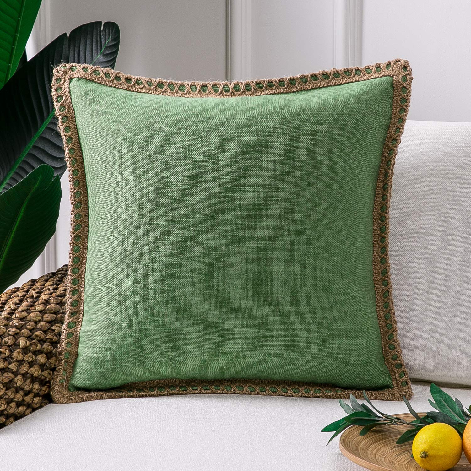 Phantoscope Pack of 2 Farmhouse Decorative Solid Pillow Cover Burlap Linen Trimmed Tailored Edges, Black, 24 x 24 inches, 60 x 60 cm