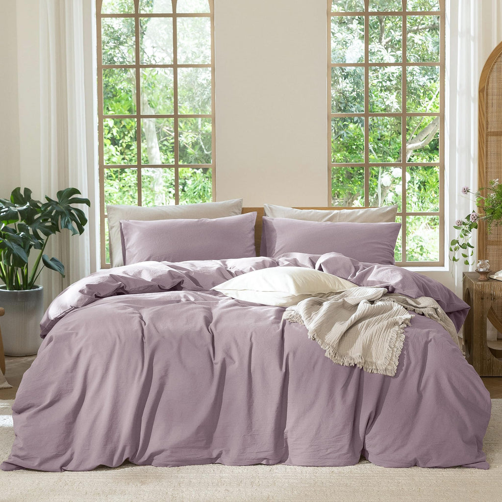 MooMee Bedding Duvet Cover Set 100% Washed Cotton Linen Like Textured Breathable Durable Soft Comfy (Solid Off White, Palatial King/Oversized King 120"x98")