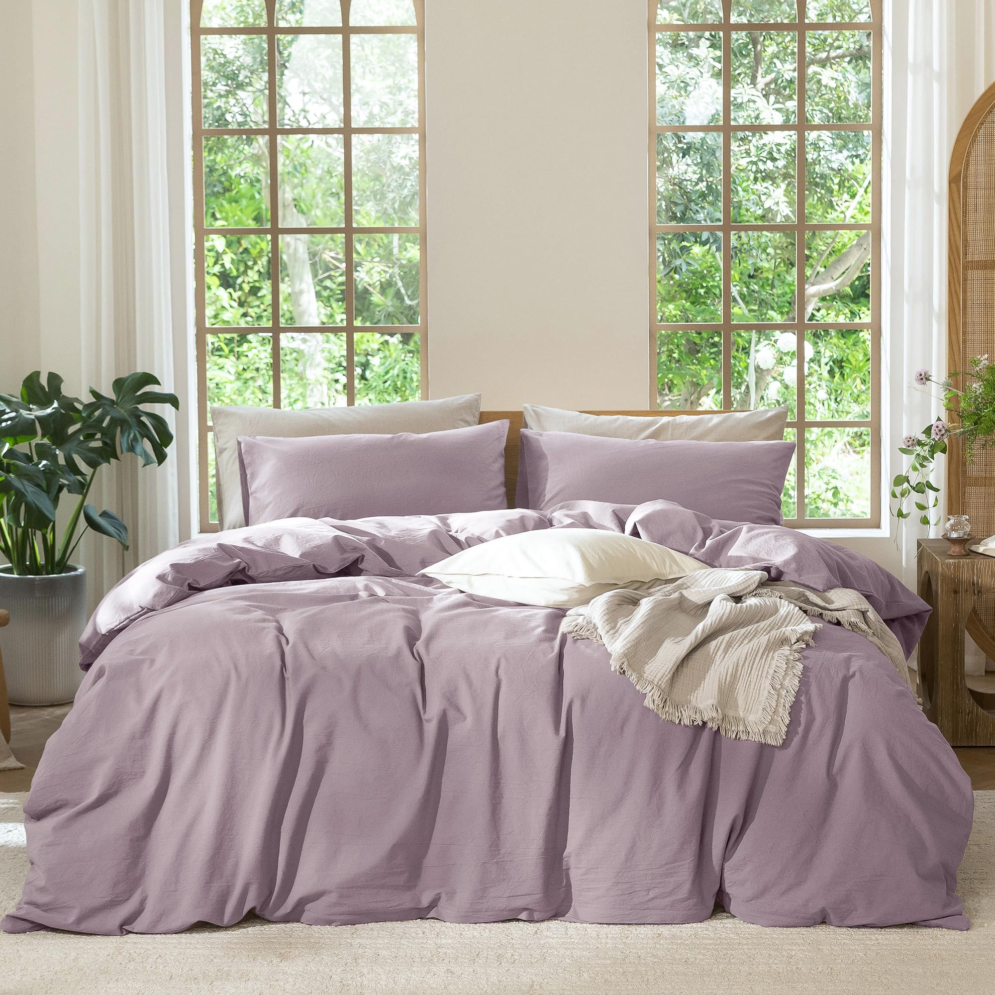 MooMee Bedding Duvet Cover Set 100% Washed Cotton Linen Like Textured Breathable Durable Soft Comfy (Solid Off White, Palatial King/Oversized King 120"x98")