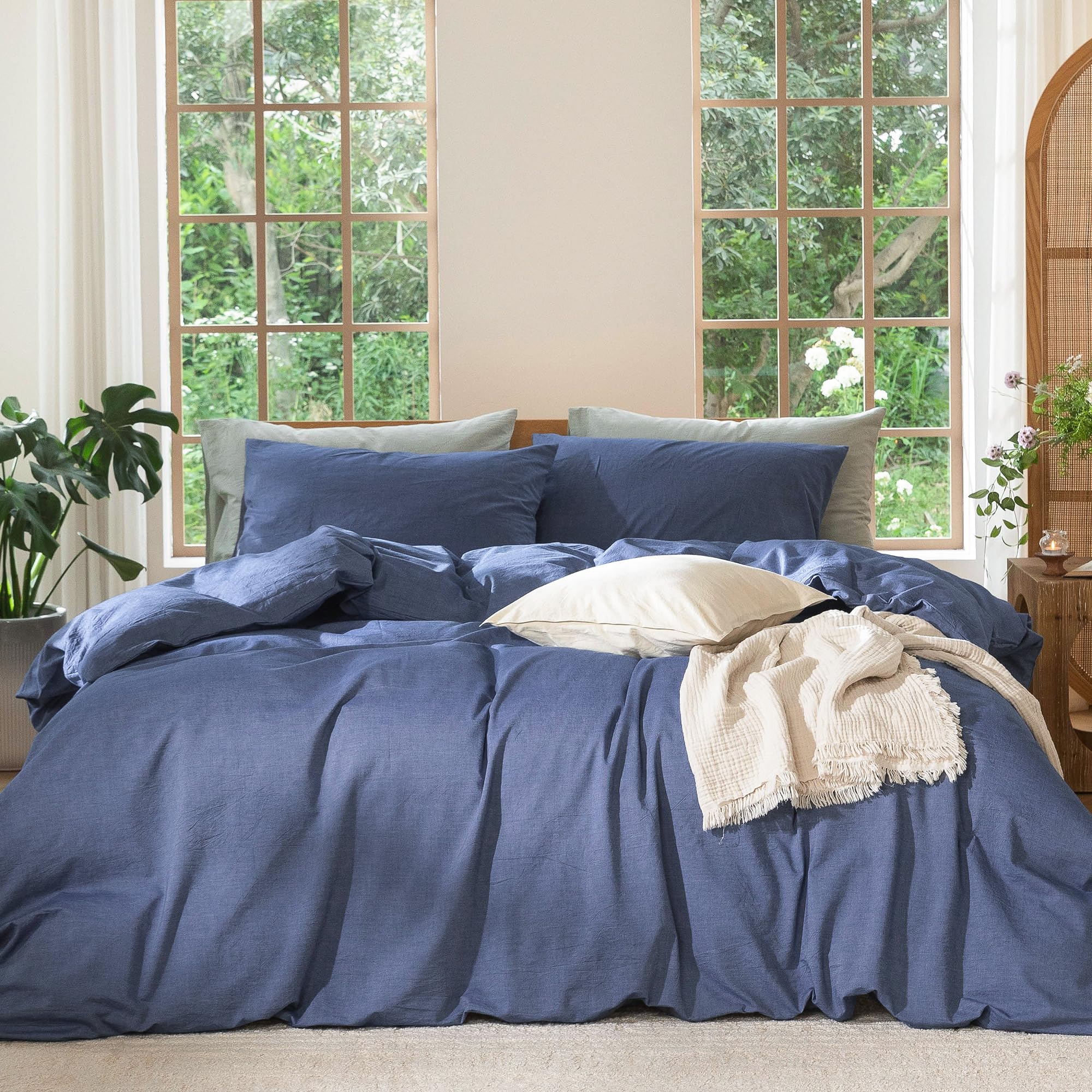 MooMee Bedding Duvet Cover Set 100% Washed Cotton Linen Like Textured Breathable Durable Soft Comfy (Solid Off White, Palatial King/Oversized King 120"x98")