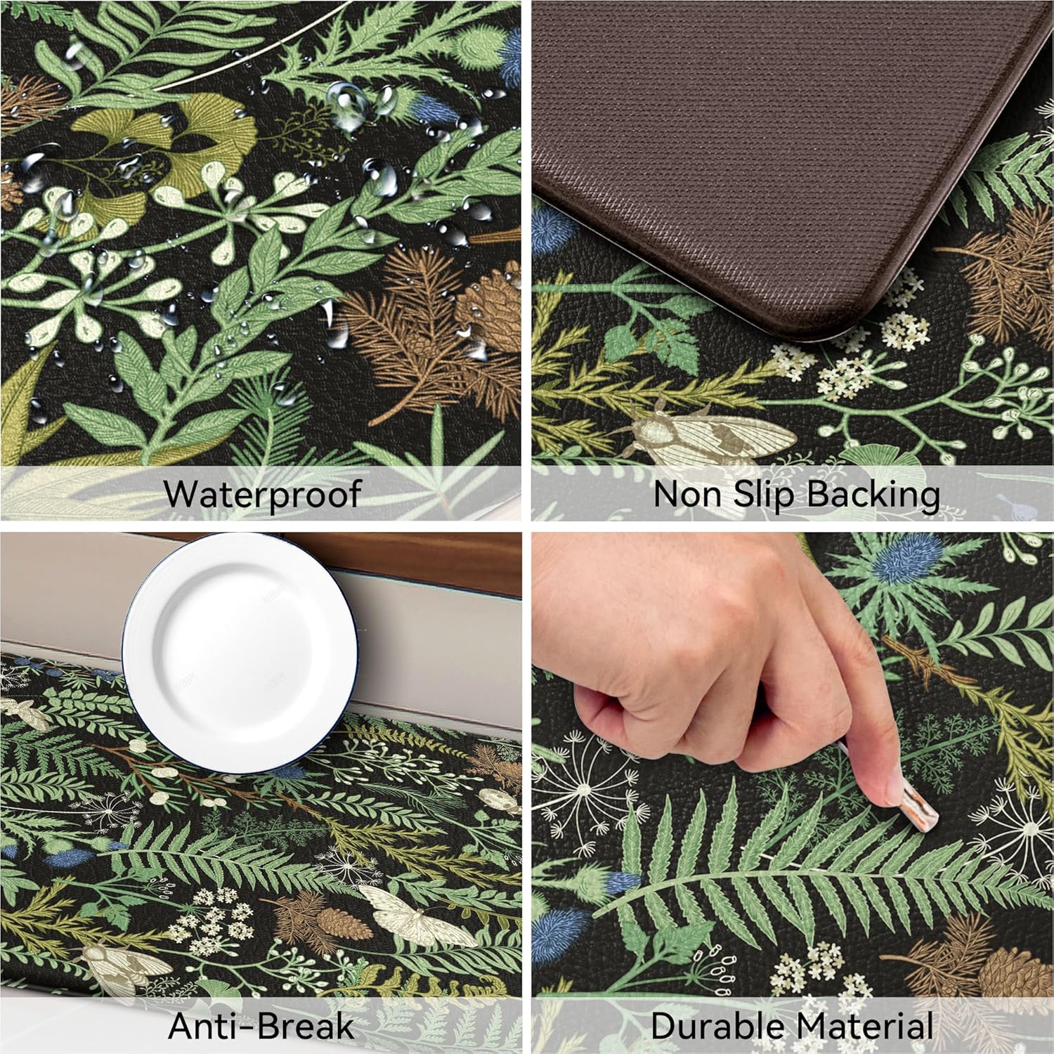 Black Green Botanical 2-Piece Anti Fatigue Kitchen Rug Set