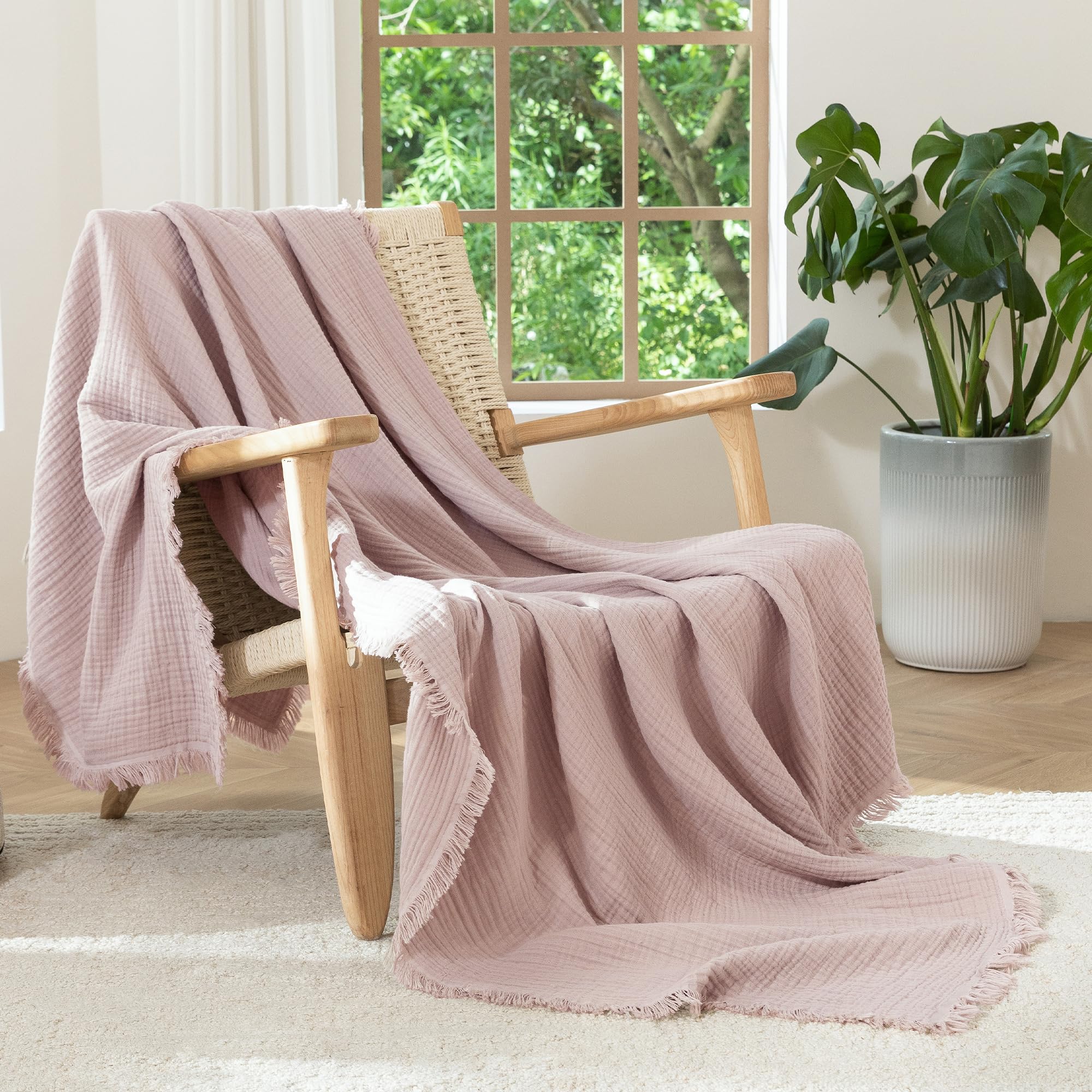 MooMee Muslin Blanket - 100% Cotton 4-Layer Gauze Throw Blanket with All-Around Fringe, Soft Breathable Lightweight Cooling Summer Blankets for Bed Couch (Cream Grey,Super King 108" x 98")