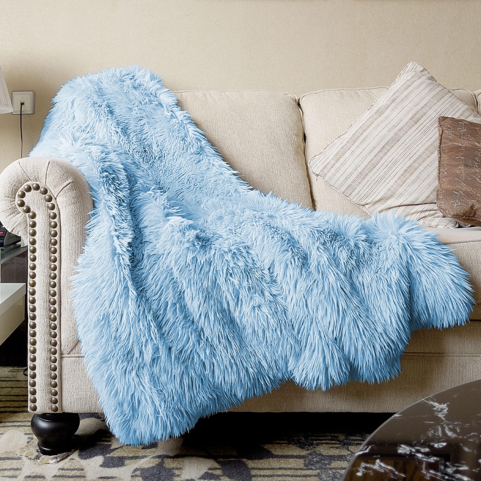 JONIYEAR Extra Large Decorative Fluffy Faux Fur Blanket Queen Size 80" x 90", Soft Luxury Lightweight Furry Blankets, Solid Cozy Shaggy Plush Thick Warm Fuzzy Blankets for Winter Bed Couch, White