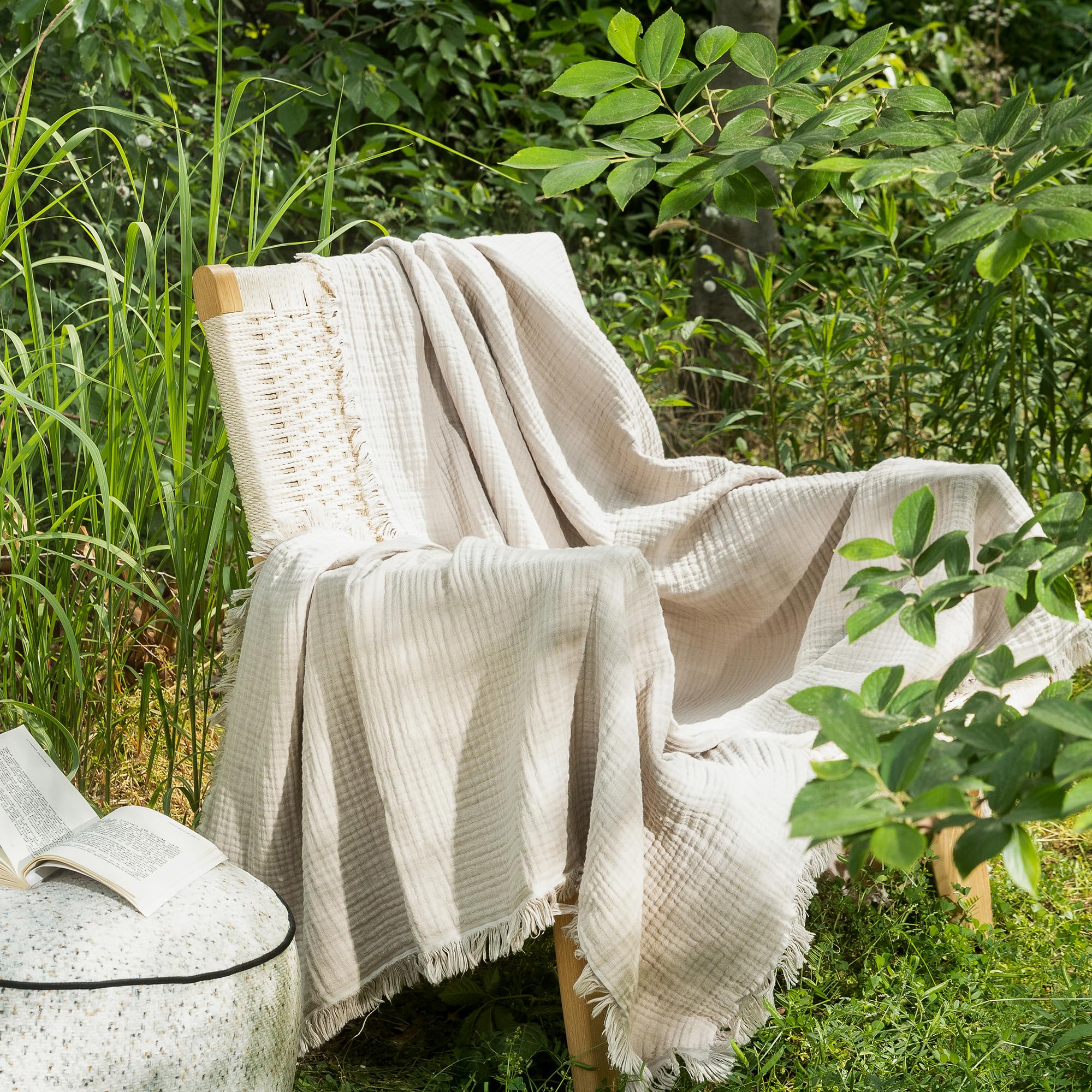 MooMee Muslin Blanket - 100% Cotton 4-Layer Gauze Throw Blanket with All-Around Fringe, Soft Breathable Lightweight Cooling Summer Blankets for Bed Couch (Cream Grey,Super King 108" x 98")