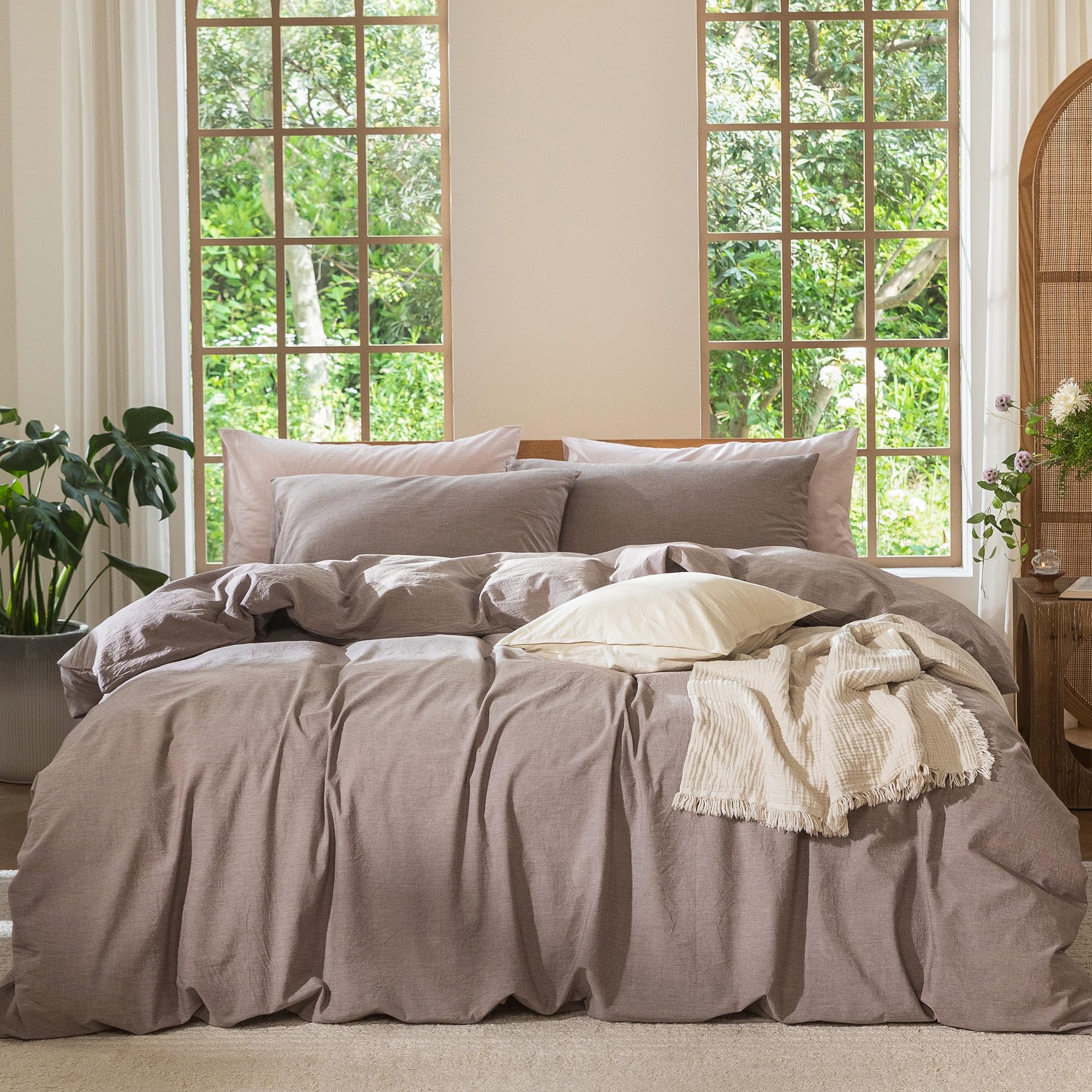 MooMee Bedding Duvet Cover Set 100% Washed Cotton Linen Like Textured Breathable Durable Soft Comfy (Solid Off White, Palatial King/Oversized King 120"x98")