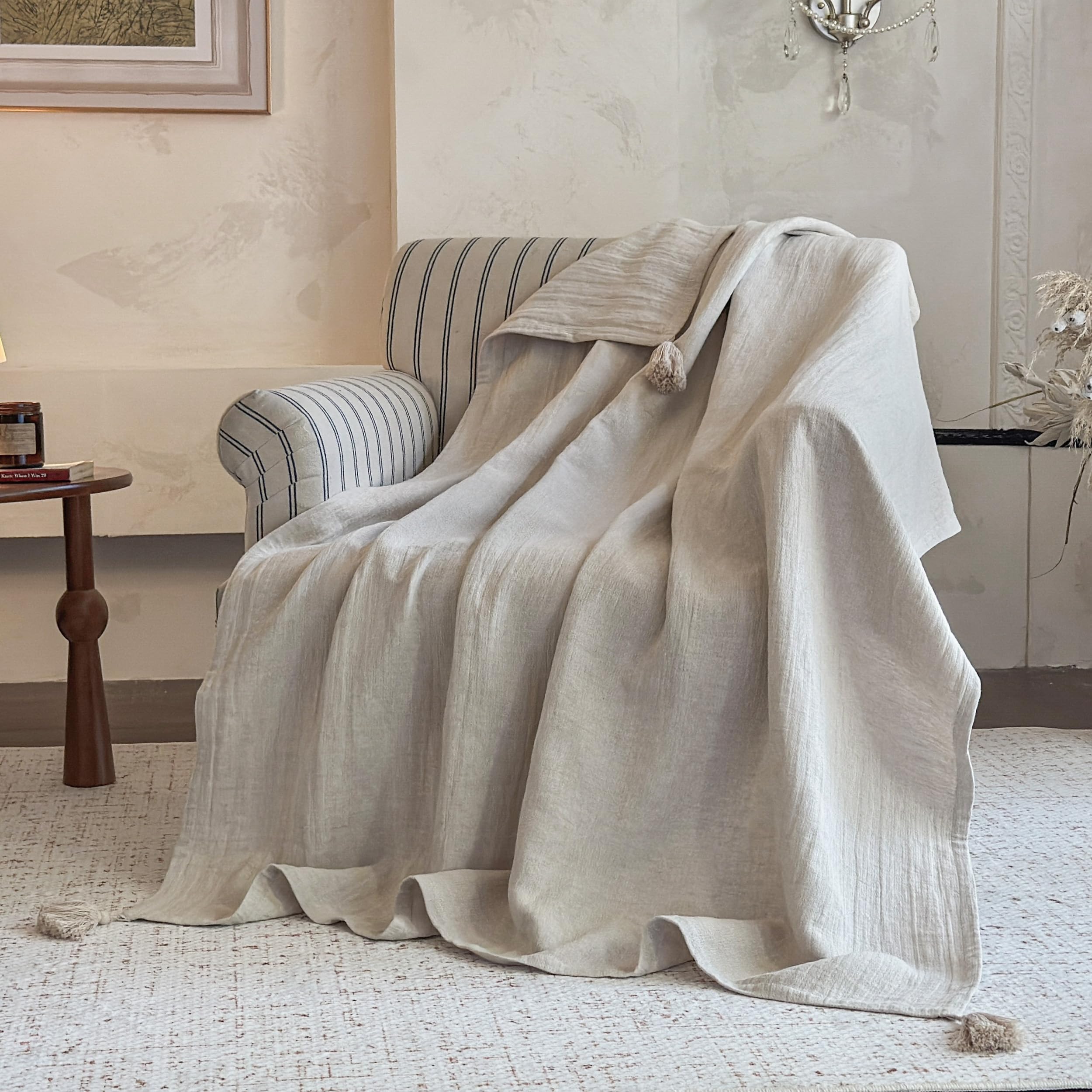 Simple&Opulence Linen Cotton Throw Blanket with Tassels, Double-Layer Knit Flax Blend Blanket Super Soft Lightweight Breathable Decorative Farmhouse for Couch Sofa Bed (90"X90",White)