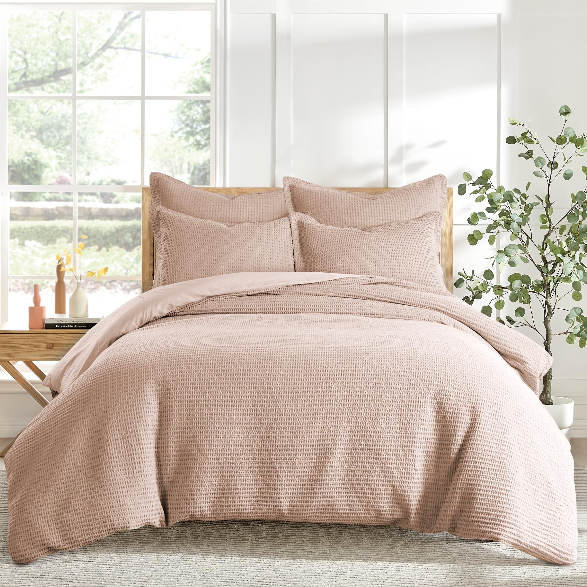 Levtex Home Cloud Waffle Full/Queen Comforter Set (90x94in) with 2 Pillow Shams (26x20in) - Solid Waffle Cotton Texture - Blush - 100% Cotton Full/Queen Size Comforter Set - Soft, Pre-Washed