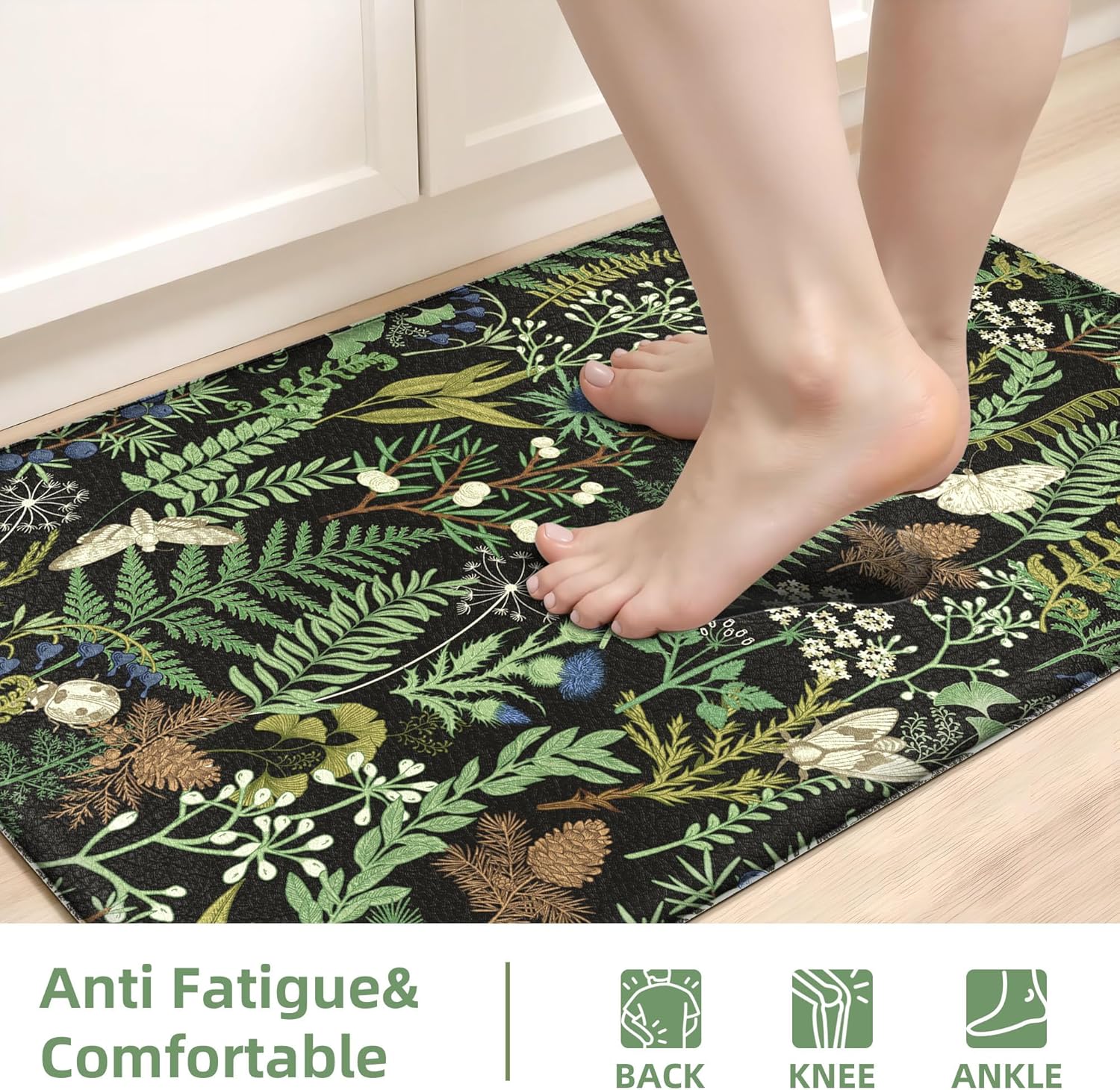 Black Green Botanical 2-Piece Anti Fatigue Kitchen Rug Set
