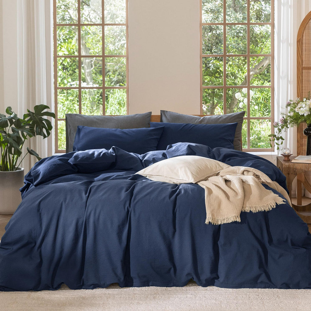 MooMee Bedding Duvet Cover Set 100% Washed Cotton Linen Like Textured Breathable Durable Soft Comfy (Solid Off White, Palatial King/Oversized King 120"x98")