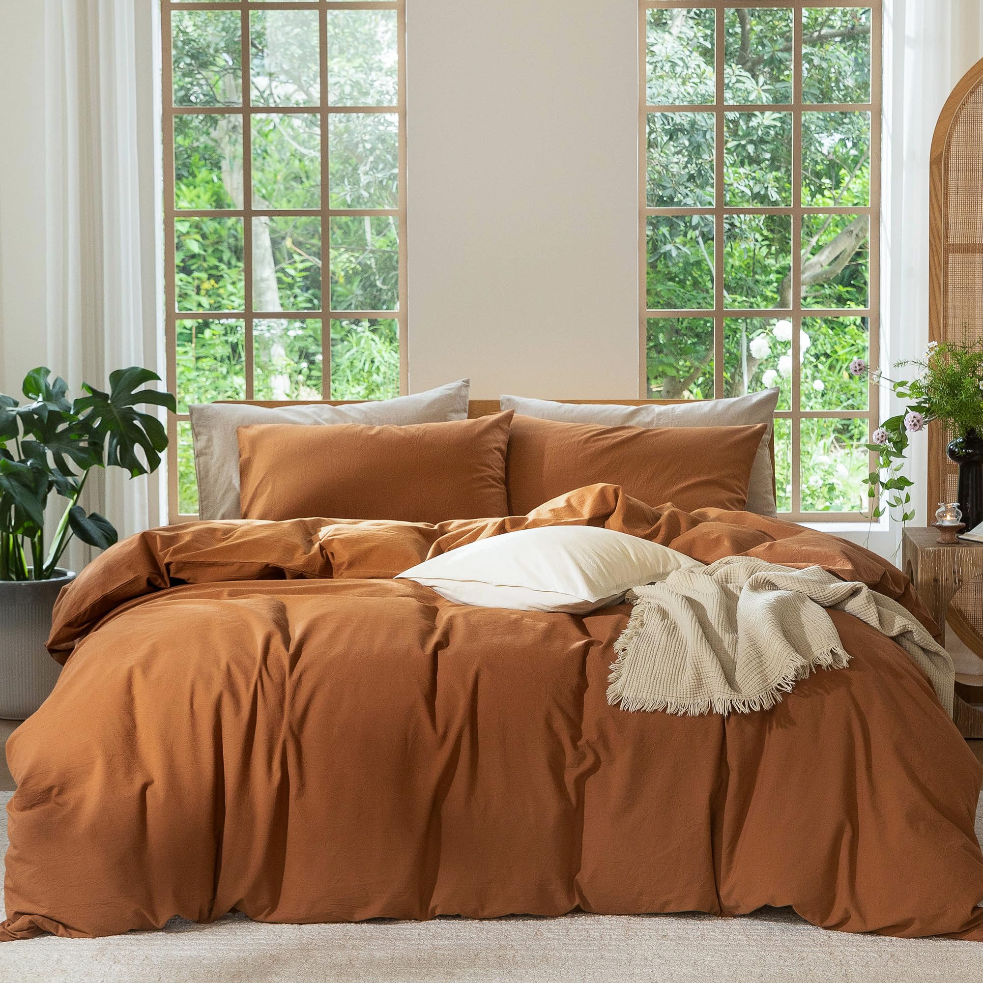 MooMee Bedding Duvet Cover Set 100% Washed Cotton Linen Like Textured Breathable Durable Soft Comfy (Solid Off White, Palatial King/Oversized King 120"x98")