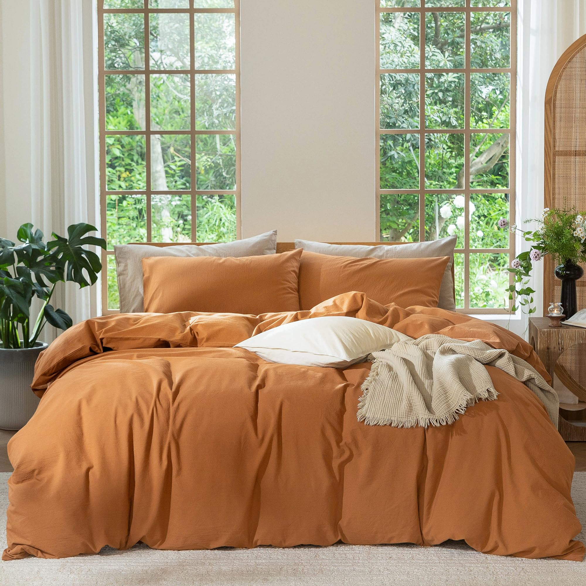MooMee Bedding Duvet Cover Set 100% Washed Cotton Linen Like Textured Breathable Durable Soft Comfy (Solid Off White, Palatial King/Oversized King 120"x98")