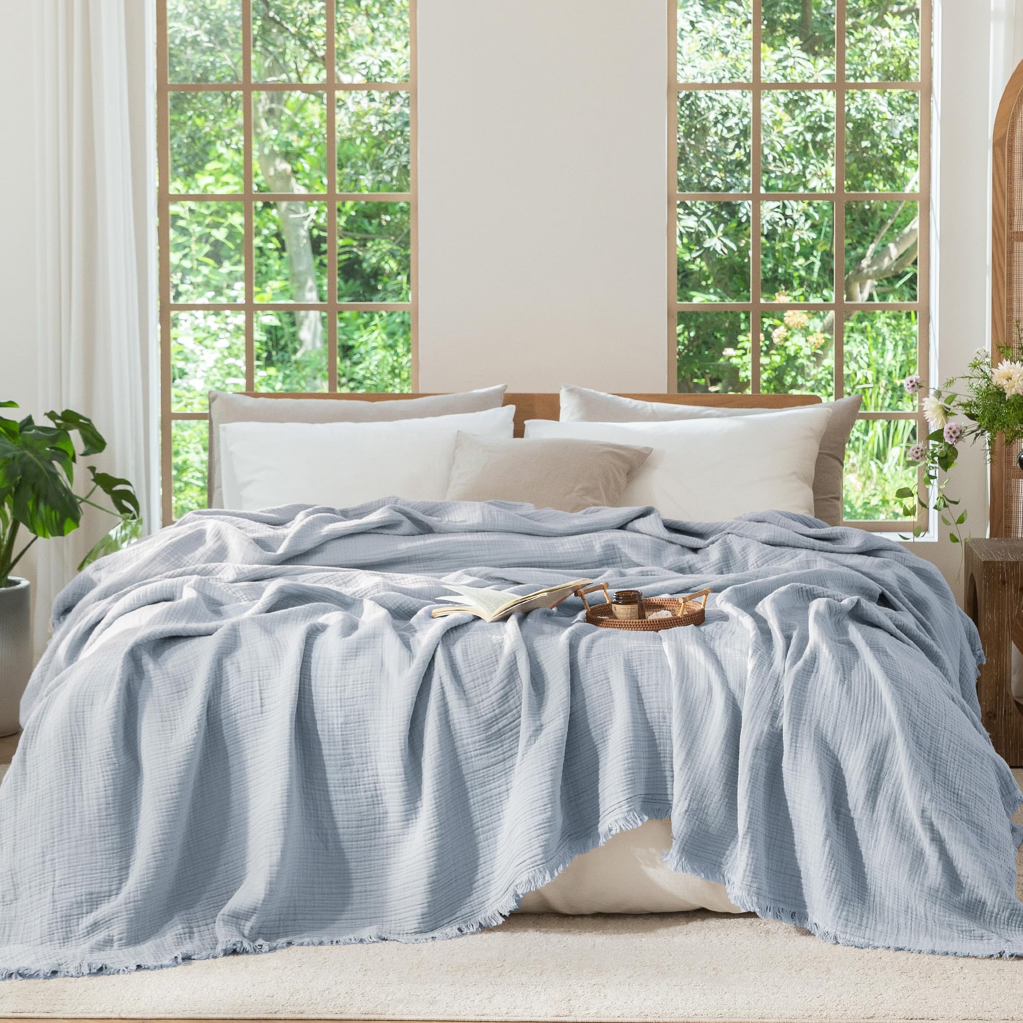 MooMee Muslin Blanket - 100% Cotton 4-Layer Gauze Throw Blanket with All-Around Fringe, Soft Breathable Lightweight Cooling Summer Blankets for Bed Couch (Cream Grey,Super King 108" x 98")