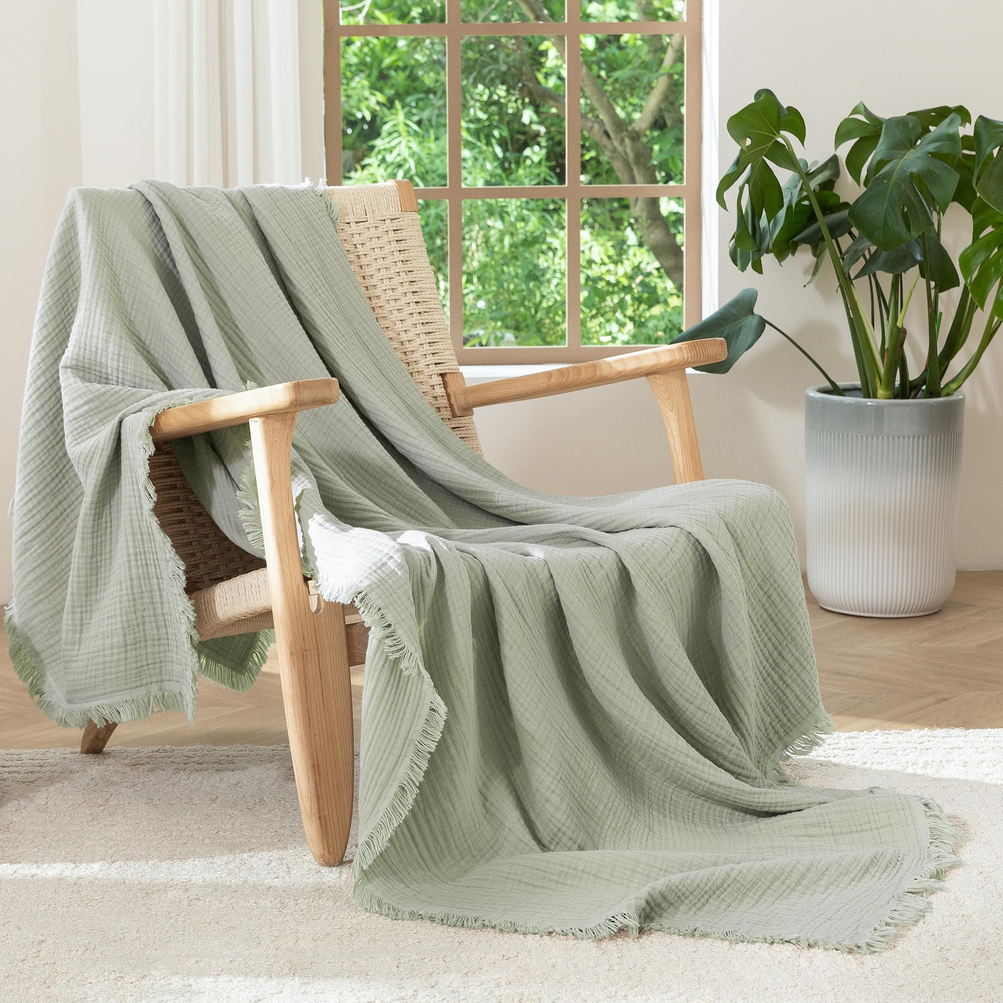 MooMee Muslin Blanket - 100% Cotton 4-Layer Gauze Throw Blanket with All-Around Fringe, Soft Breathable Lightweight Cooling Summer Blankets for Bed Couch (Cream Grey,Super King 108" x 98")