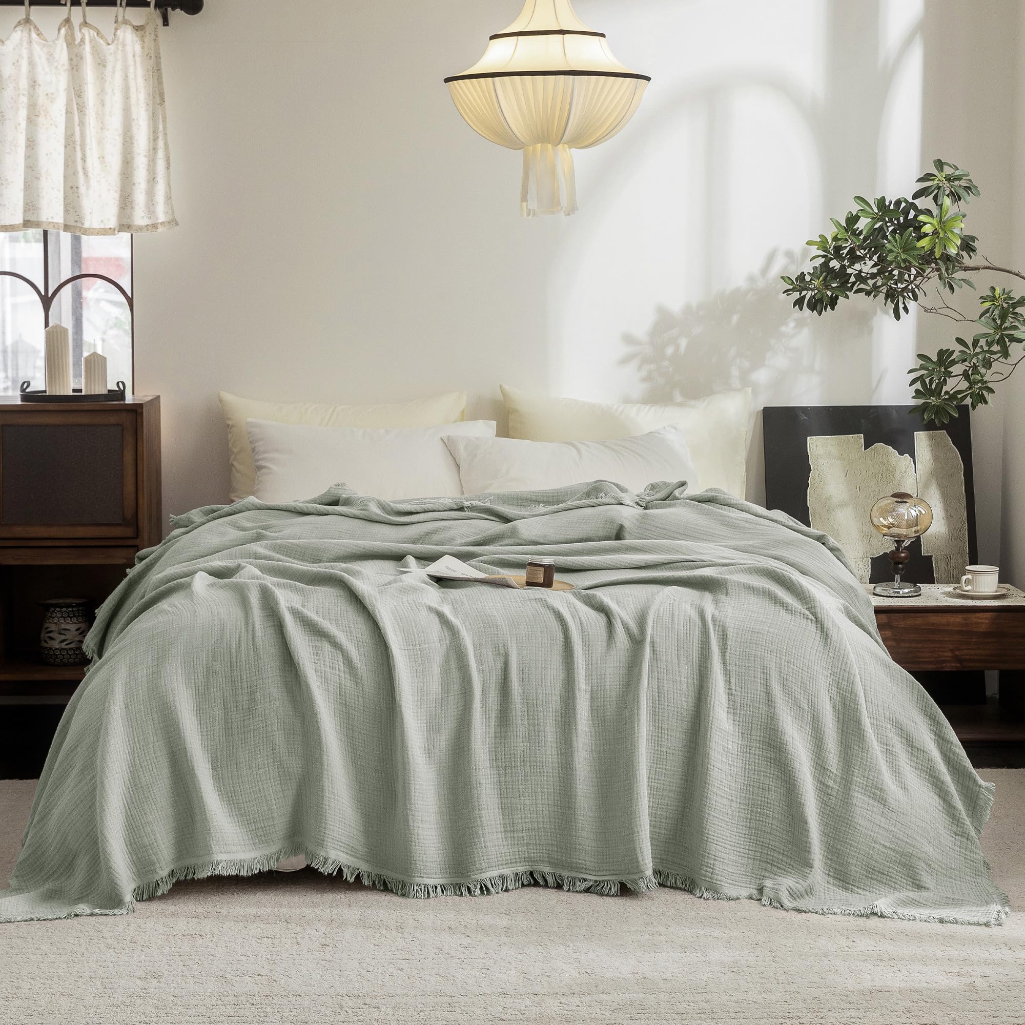 Beige Gray Fringe Cotton Muslin Blanket