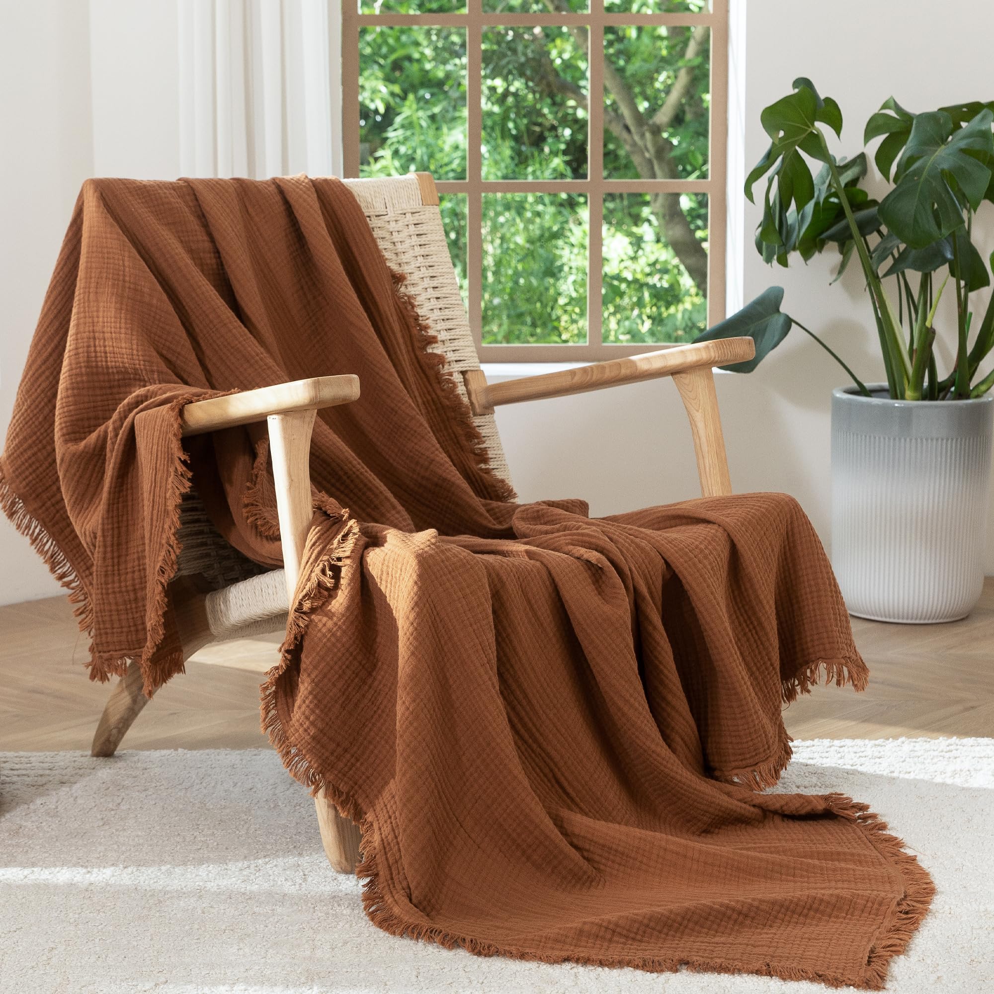MooMee Muslin Blanket - 100% Cotton 4-Layer Gauze Throw Blanket with All-Around Fringe, Soft Breathable Lightweight Cooling Summer Blankets for Bed Couch (Cream Grey,Super King 108" x 98")