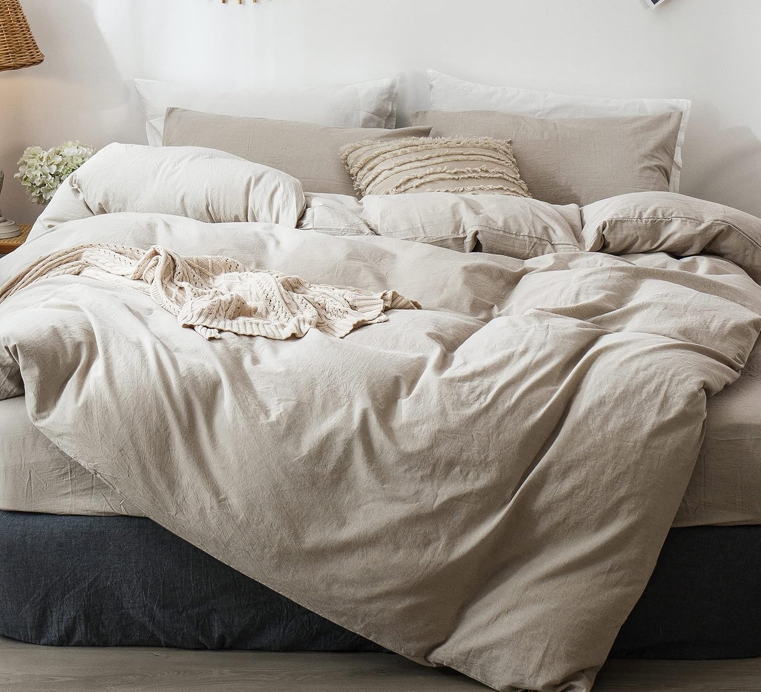 MooMee Bedding Duvet Cover Set 100% Washed Cotton Linen Like Textured Breathable Durable Soft Comfy (Solid Off White, Palatial King/Oversized King 120"x98")