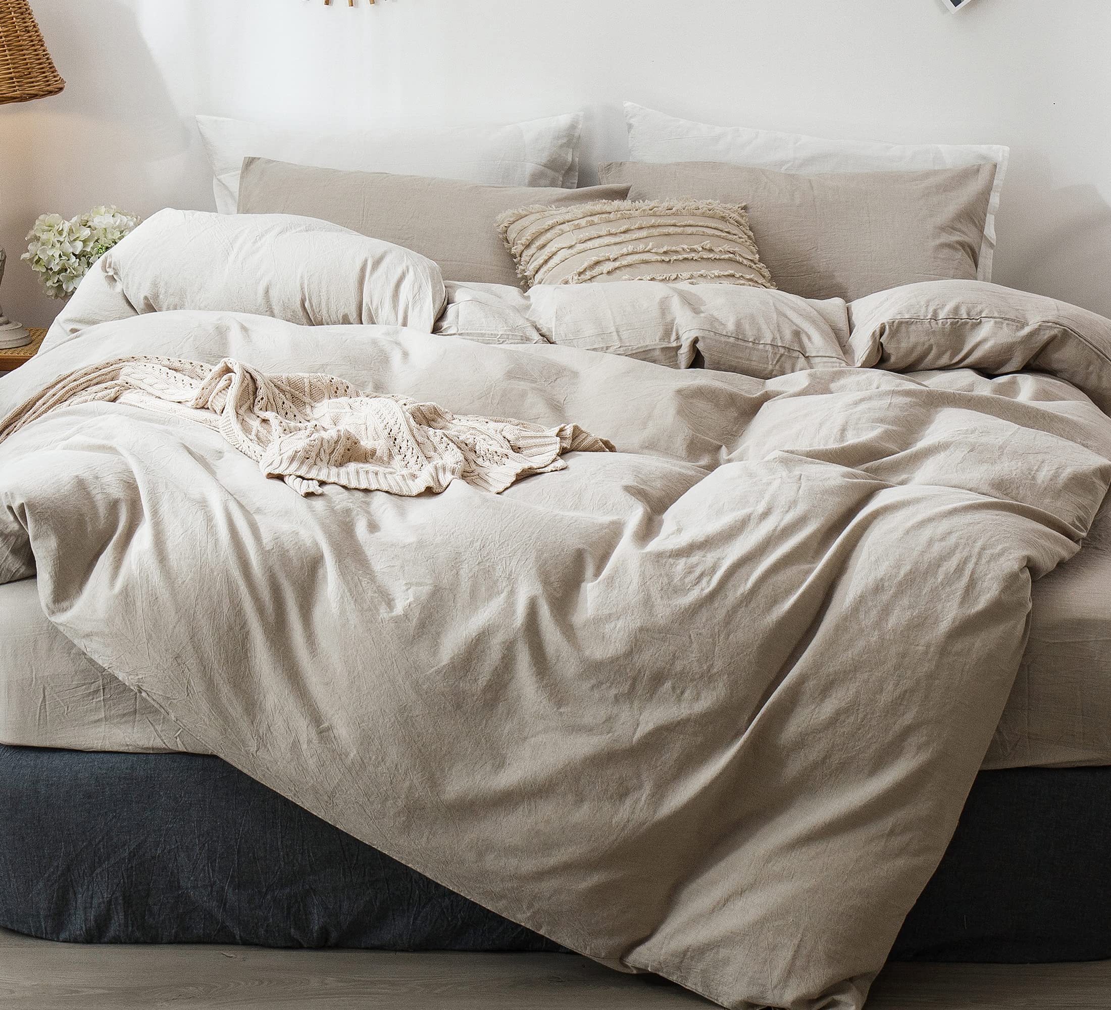 MooMee Bedding Duvet Cover Set 100% Washed Cotton Linen Like Textured Breathable Durable Soft Comfy (Solid Off White, Palatial King/Oversized King 120"x98")