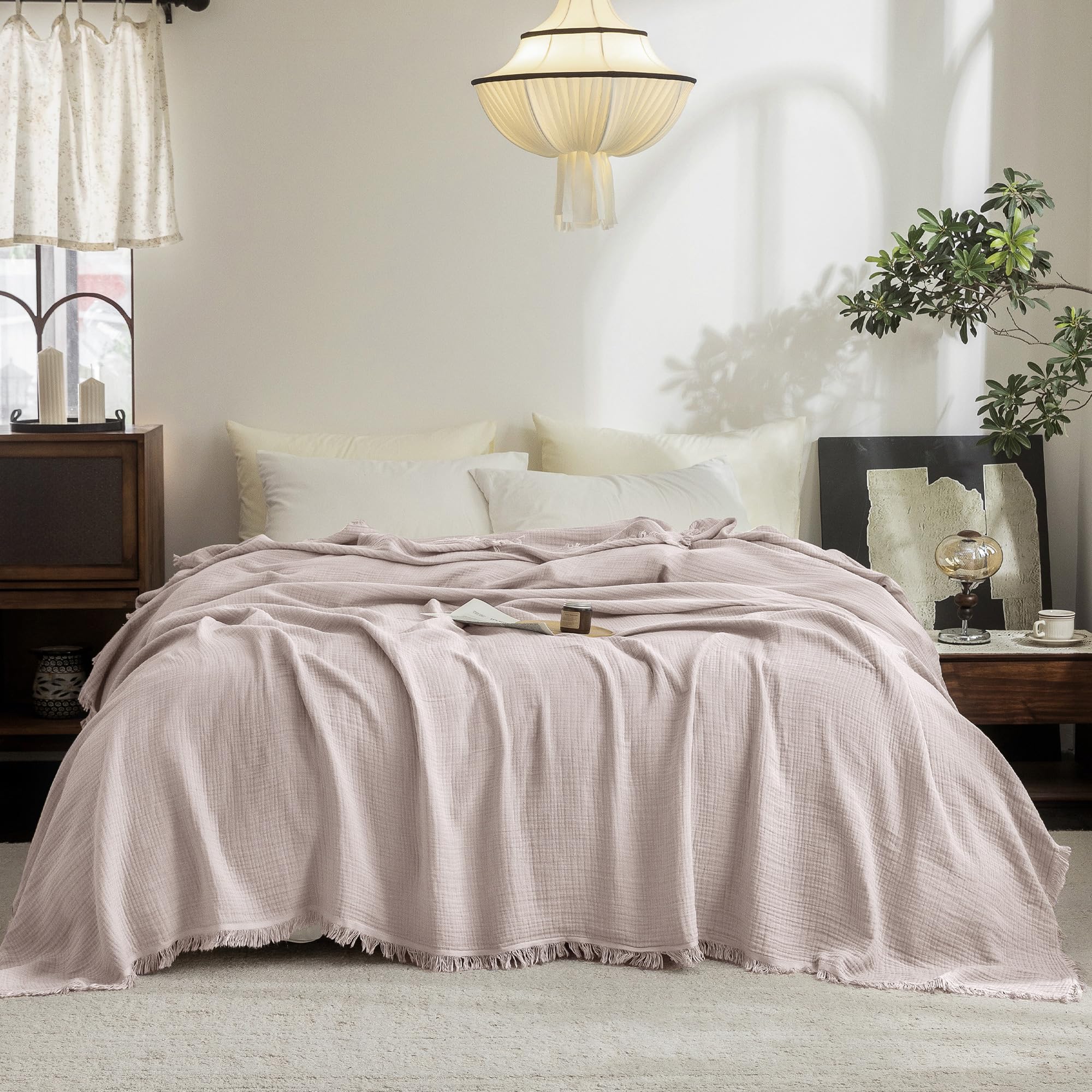 Beige Gray Fringe Cotton Muslin Blanket