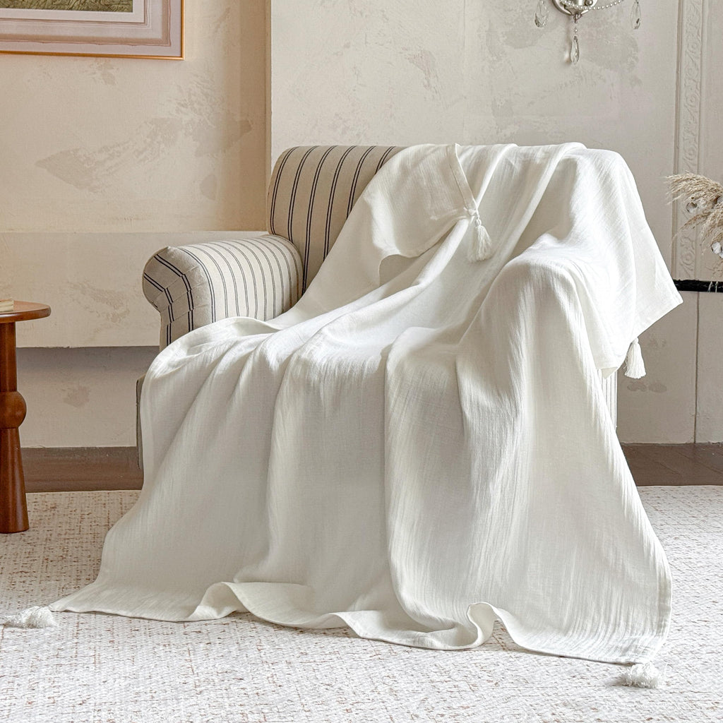 Simple&Opulence Linen Cotton Throw Blanket with Tassels, Double-Layer Knit Flax Blend Blanket Super Soft Lightweight Breathable Decorative Farmhouse for Couch Sofa Bed (90"X90",White)