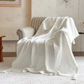 Simple&Opulence Linen Cotton Throw Blanket with Tassels, Double-Layer Knit Flax Blend Blanket Super Soft Lightweight Breathable Decorative Farmhouse for Couch Sofa Bed (90"X90",White)