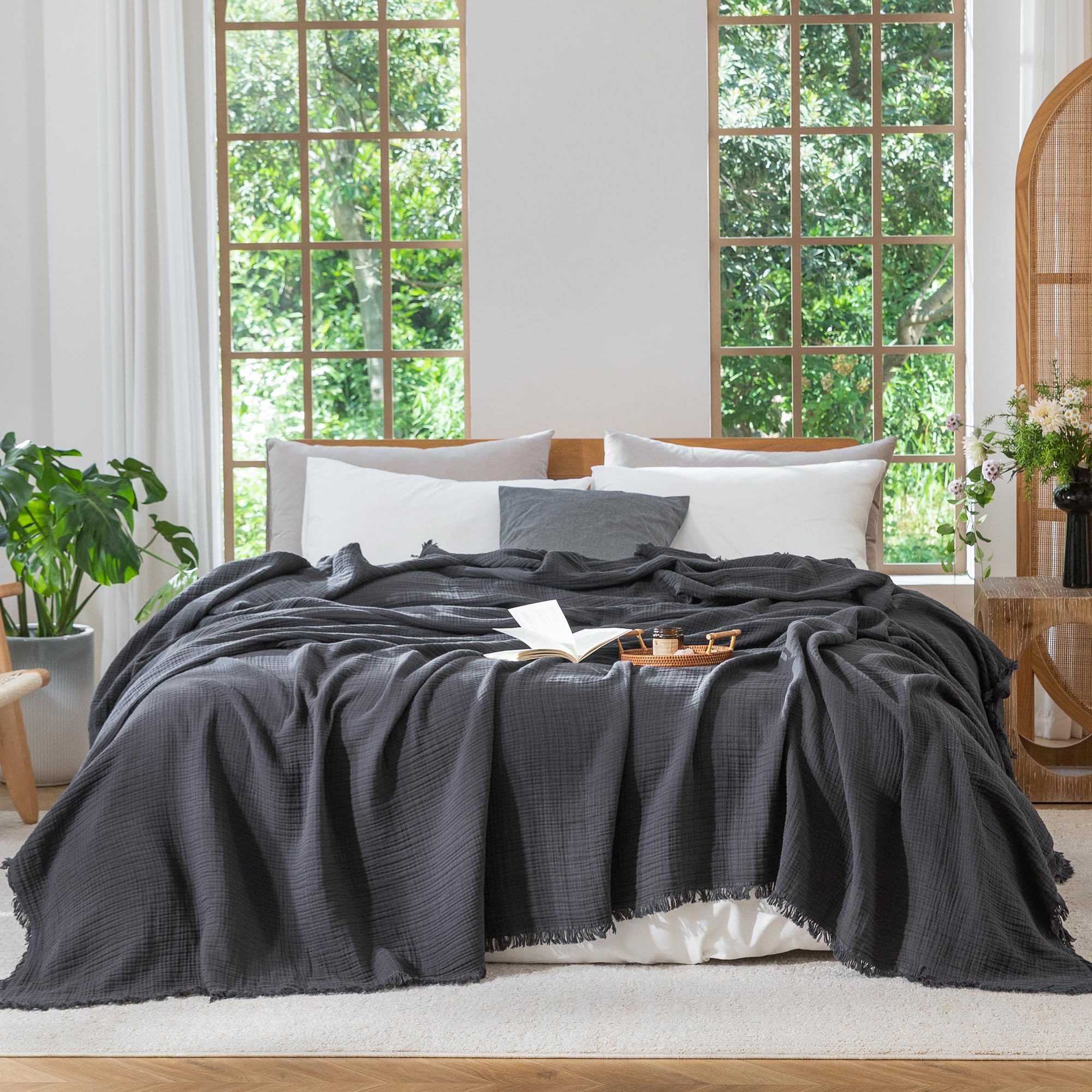 MooMee Muslin Blanket - 100% Cotton 4-Layer Gauze Throw Blanket with All-Around Fringe, Soft Breathable Lightweight Cooling Summer Blankets for Bed Couch (Cream Grey,Super King 108" x 98")