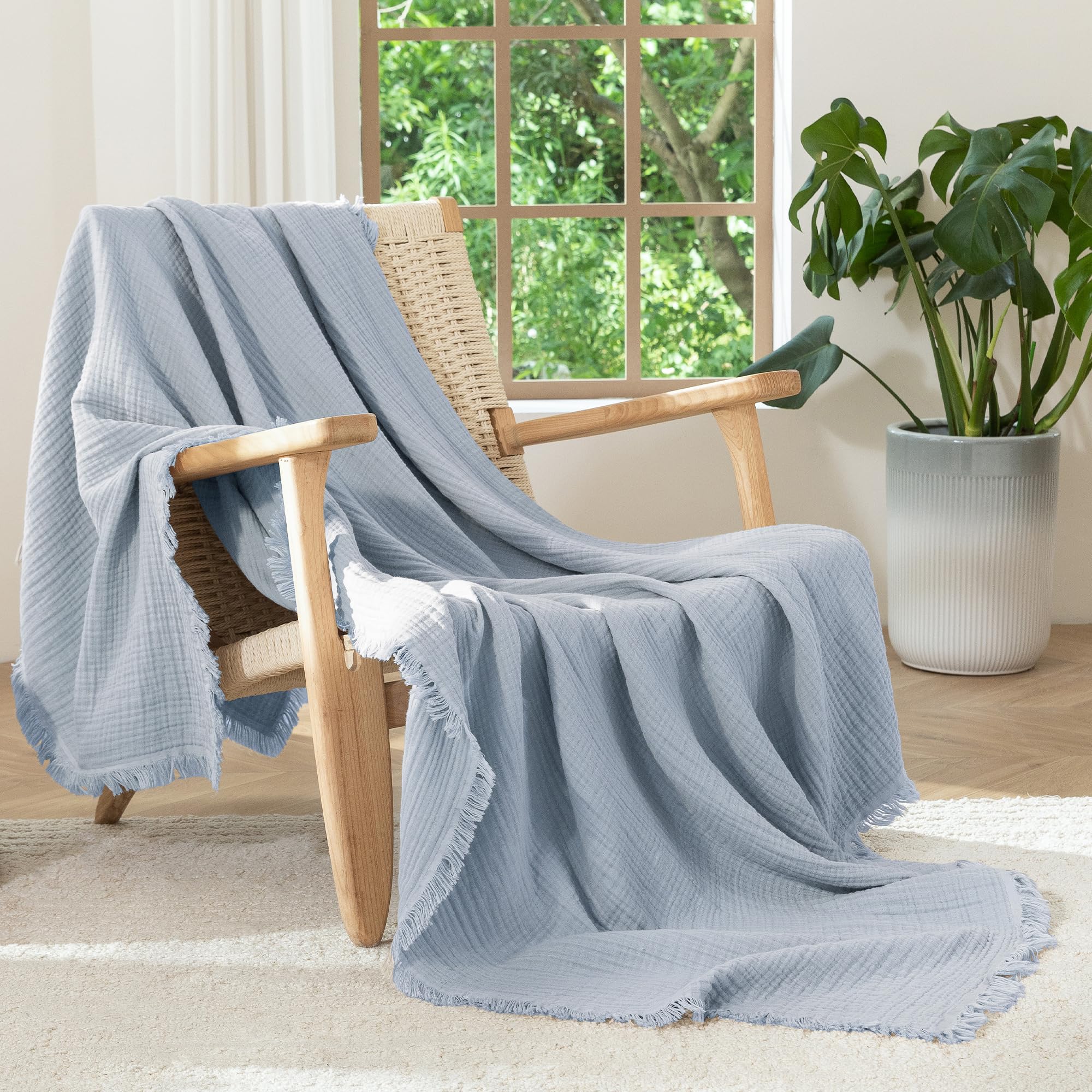MooMee Muslin Blanket - 100% Cotton 4-Layer Gauze Throw Blanket with All-Around Fringe, Soft Breathable Lightweight Cooling Summer Blankets for Bed Couch (Cream Grey,Super King 108" x 98")