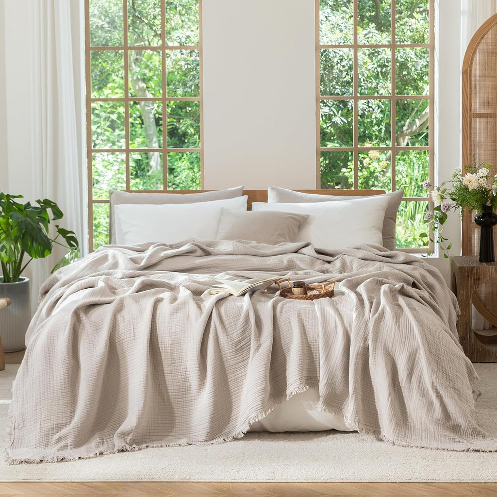 MooMee Muslin Blanket - 100% Cotton 4-Layer Gauze Throw Blanket with All-Around Fringe, Soft Breathable Lightweight Cooling Summer Blankets for Bed Couch (Cream Grey,Super King 108" x 98")