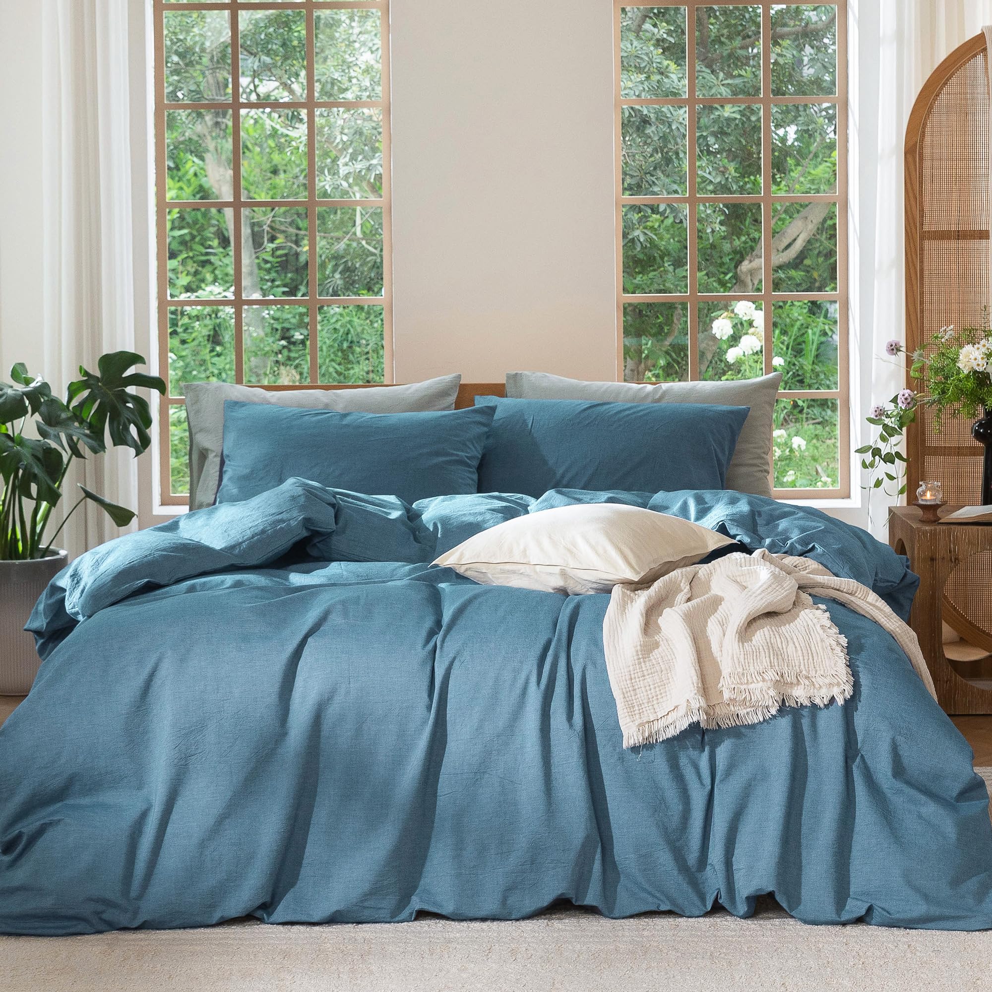 MooMee Bedding Duvet Cover Set 100% Washed Cotton Linen Like Textured Breathable Durable Soft Comfy (Solid Off White, Palatial King/Oversized King 120"x98")