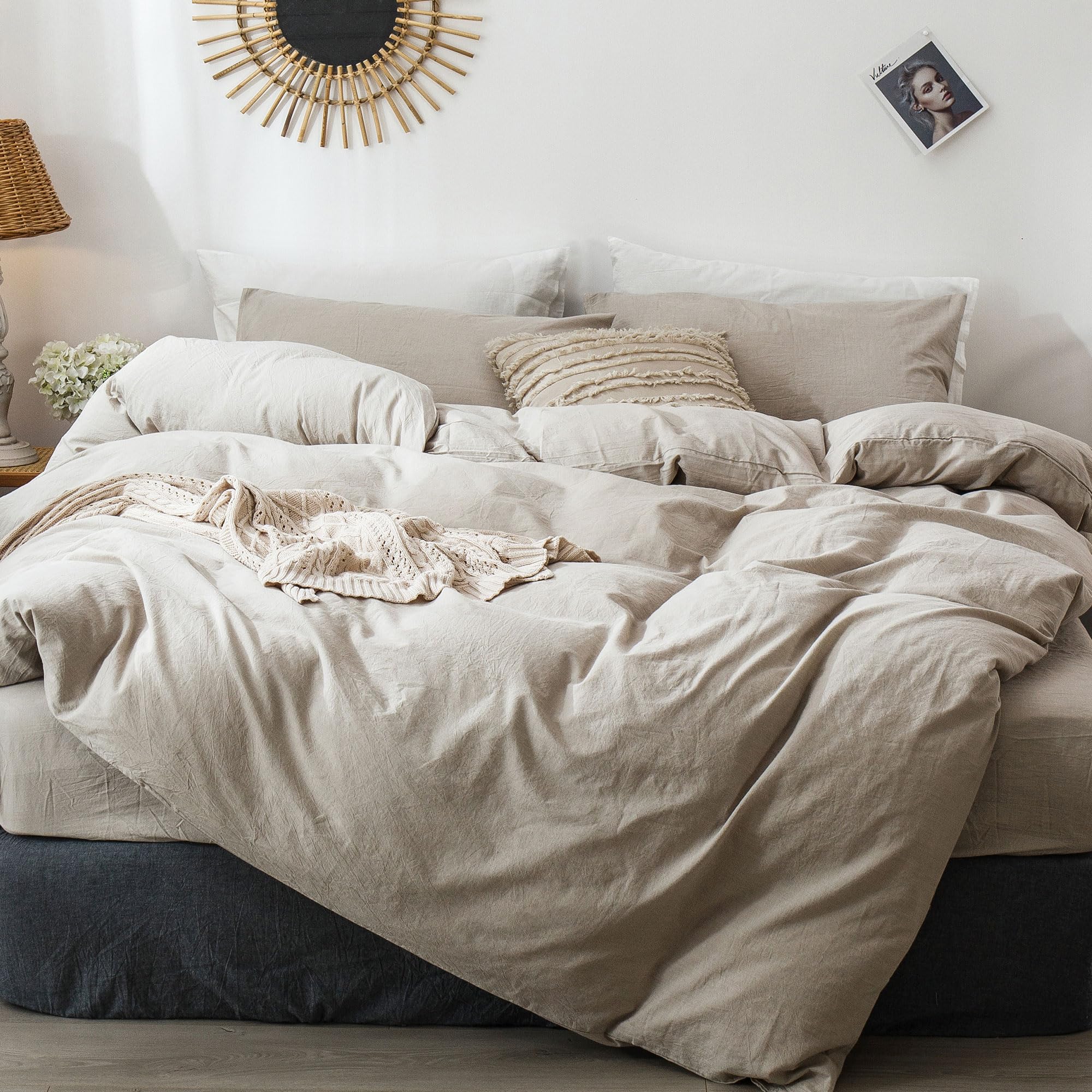 MooMee Bedding Duvet Cover Set 100% Washed Cotton Linen Like Textured Breathable Durable Soft Comfy (Solid Off White, Palatial King/Oversized King 120"x98")