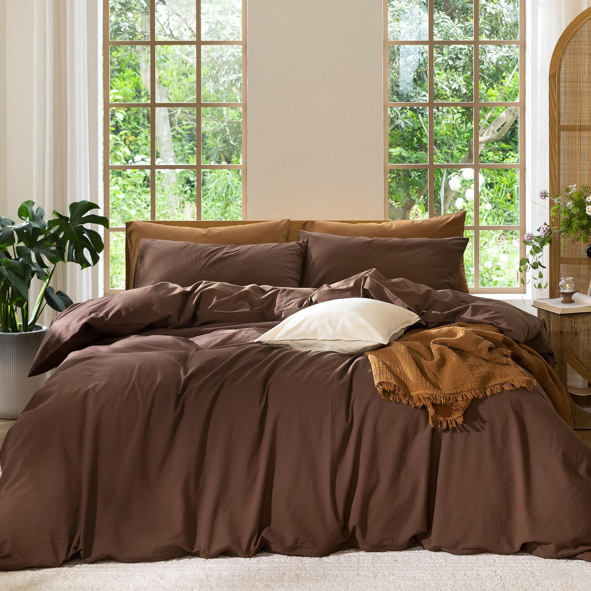 MooMee Bedding Duvet Cover Set 100% Washed Cotton Linen Like Textured Breathable Durable Soft Comfy (Solid Off White, Palatial King/Oversized King 120"x98")