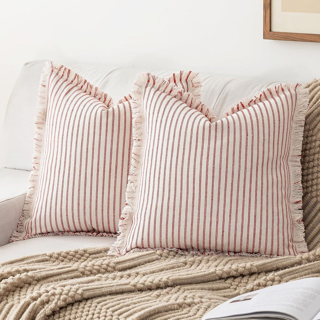 Red Fringe Striped Pillow Covers Set