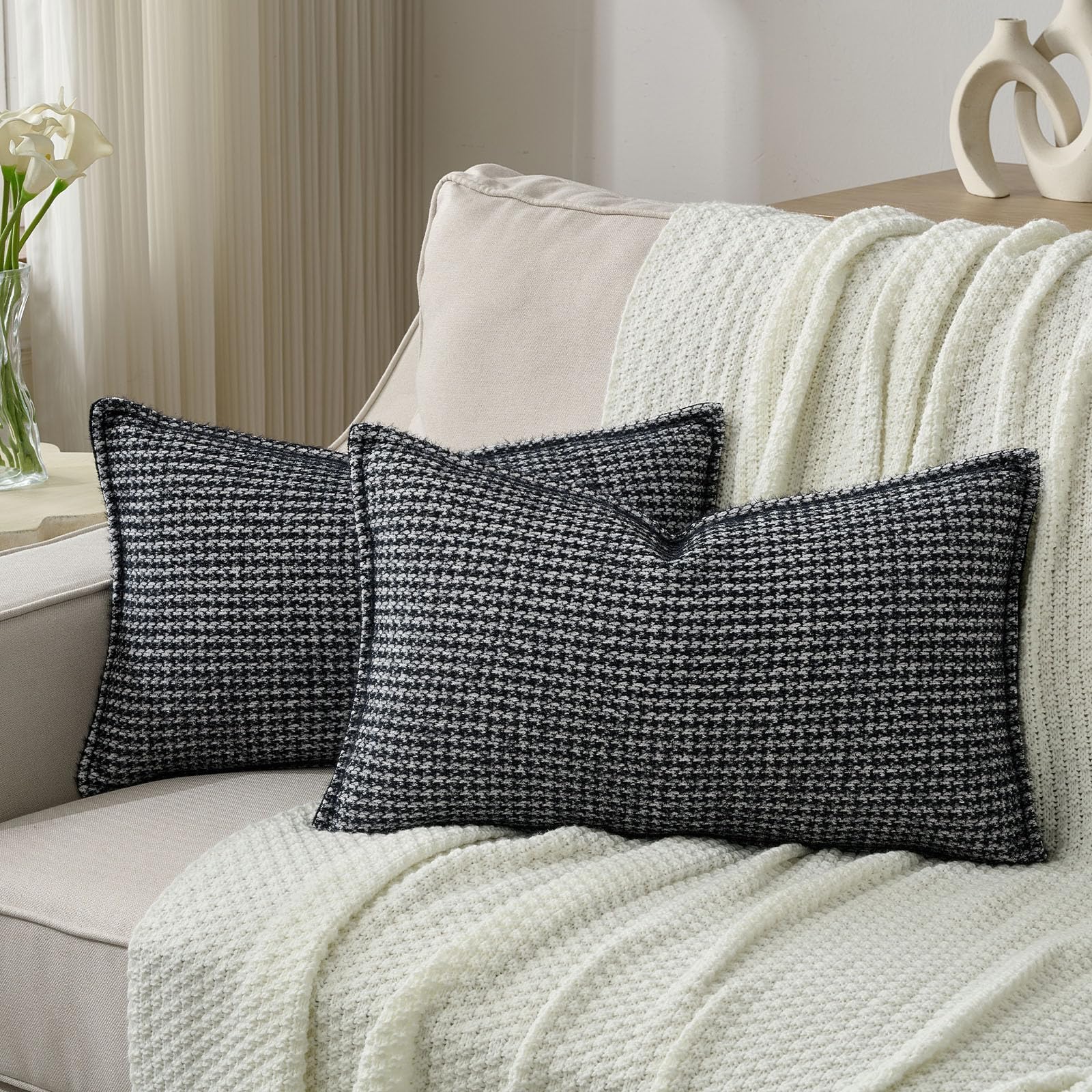 FUTEI Pack of 2 Houndstooth Throw Pillow Covers 26x26 Inch Soft Chenille Gingham Textured Farmhouse Decorative Euro Pillow Shams Modern Home Decor for Couch Bedroom Living Room, Grayish Blue