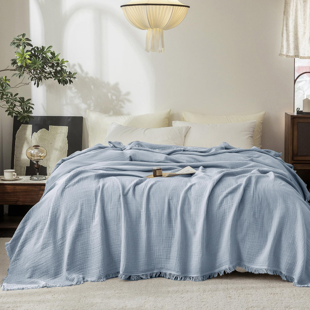 Beige Gray Fringe Cotton Muslin Blanket
