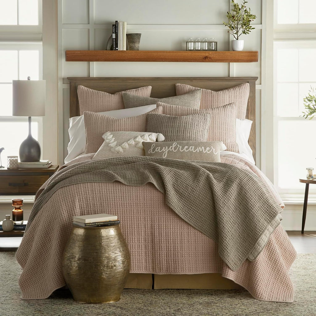 Blush Waffle Cotton King Quilt Set