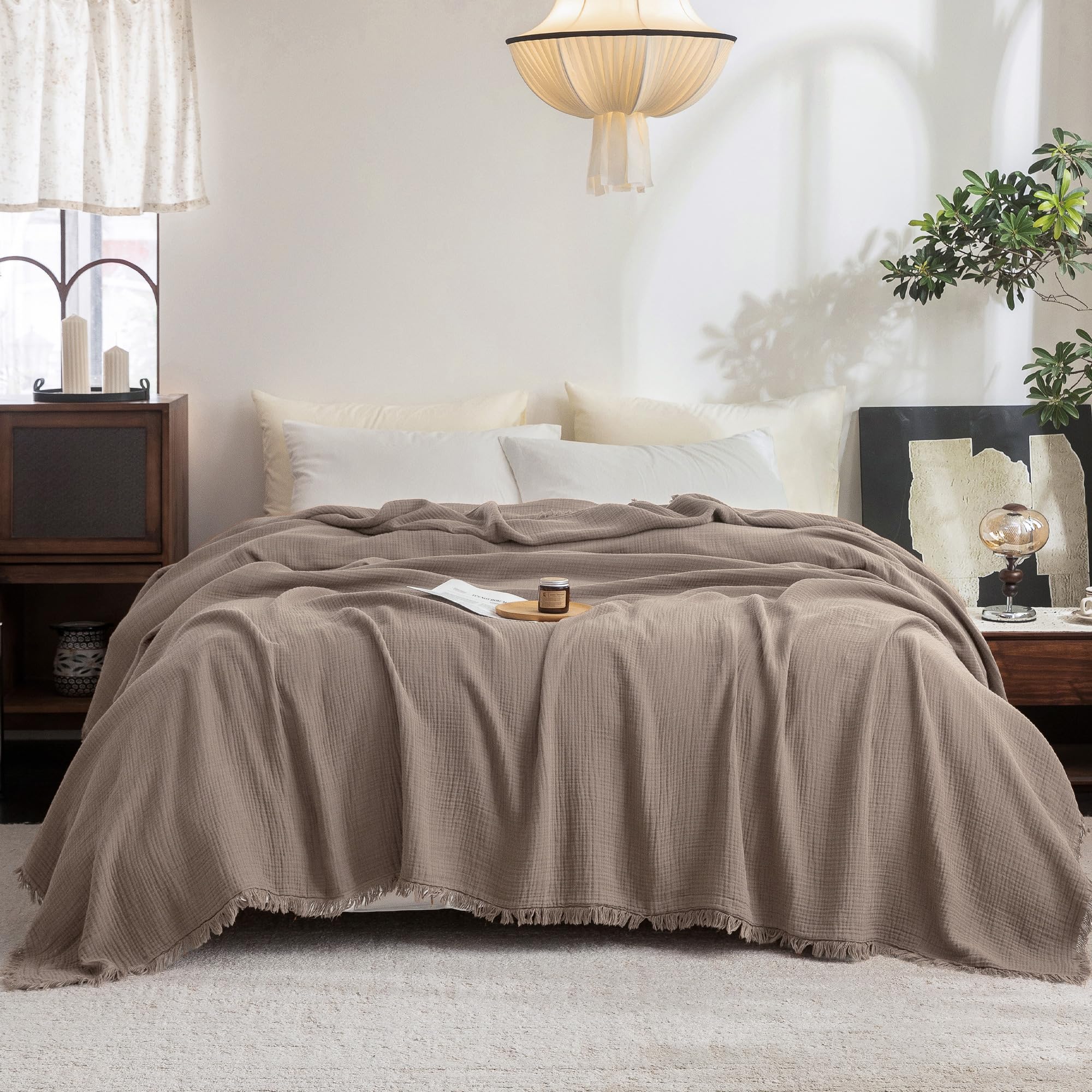 Beige Gray Fringe Cotton Muslin Blanket