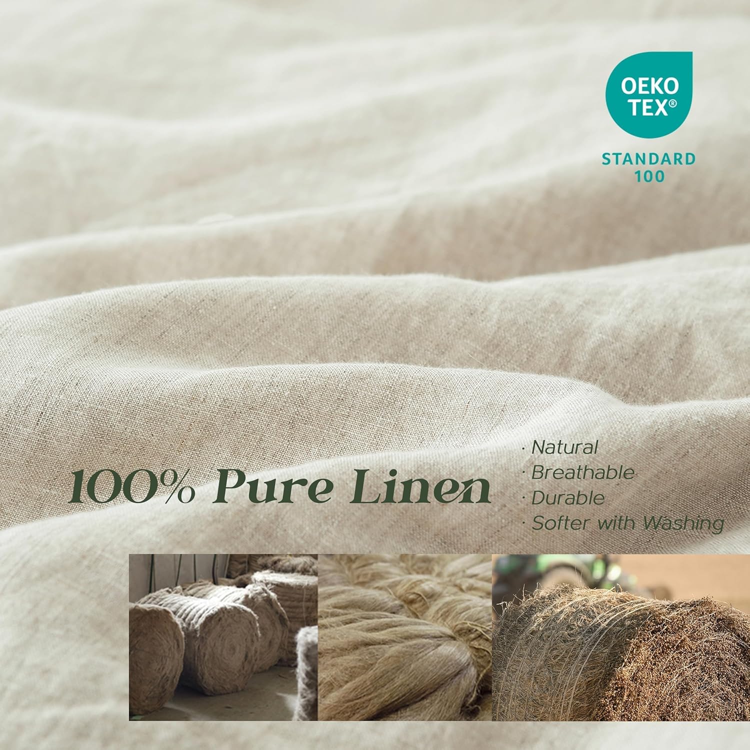 Simple&Opulence 100% Linen Duvet Cover Set, 3 PCS Natural French Flax Duvet Cover King Size, Breathable Soft Comfy Bedding Comforter Cover with 2 Pillowcases(Linen, 104"x92")