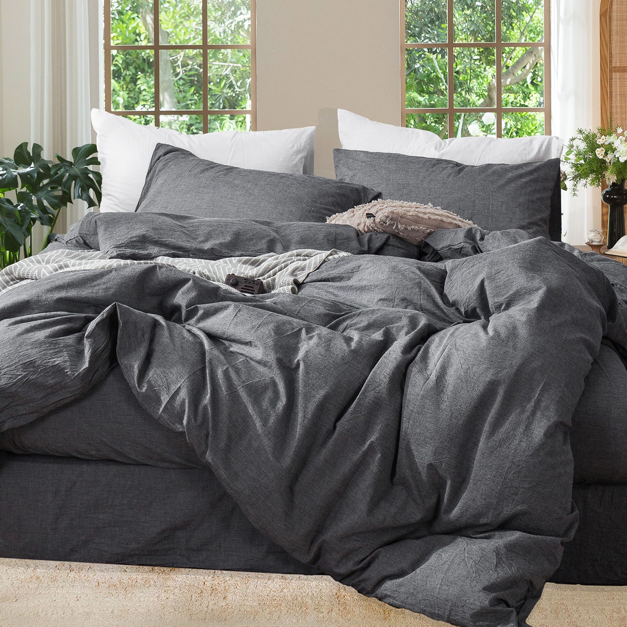 MooMee Bedding Duvet Cover Set 100% Washed Cotton Linen Like Textured Breathable Durable Soft Comfy (Solid Off White, Palatial King/Oversized King 120"x98")