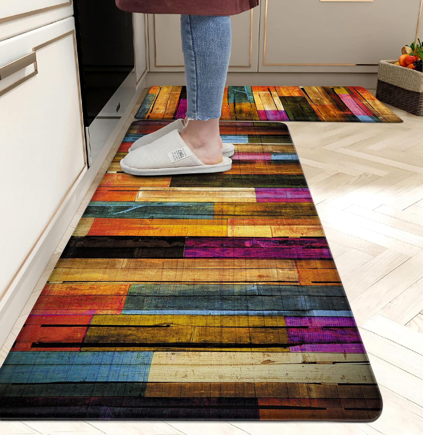 Abstract Wood 2-Piece Anti Fatigue Kitchen Mat Set