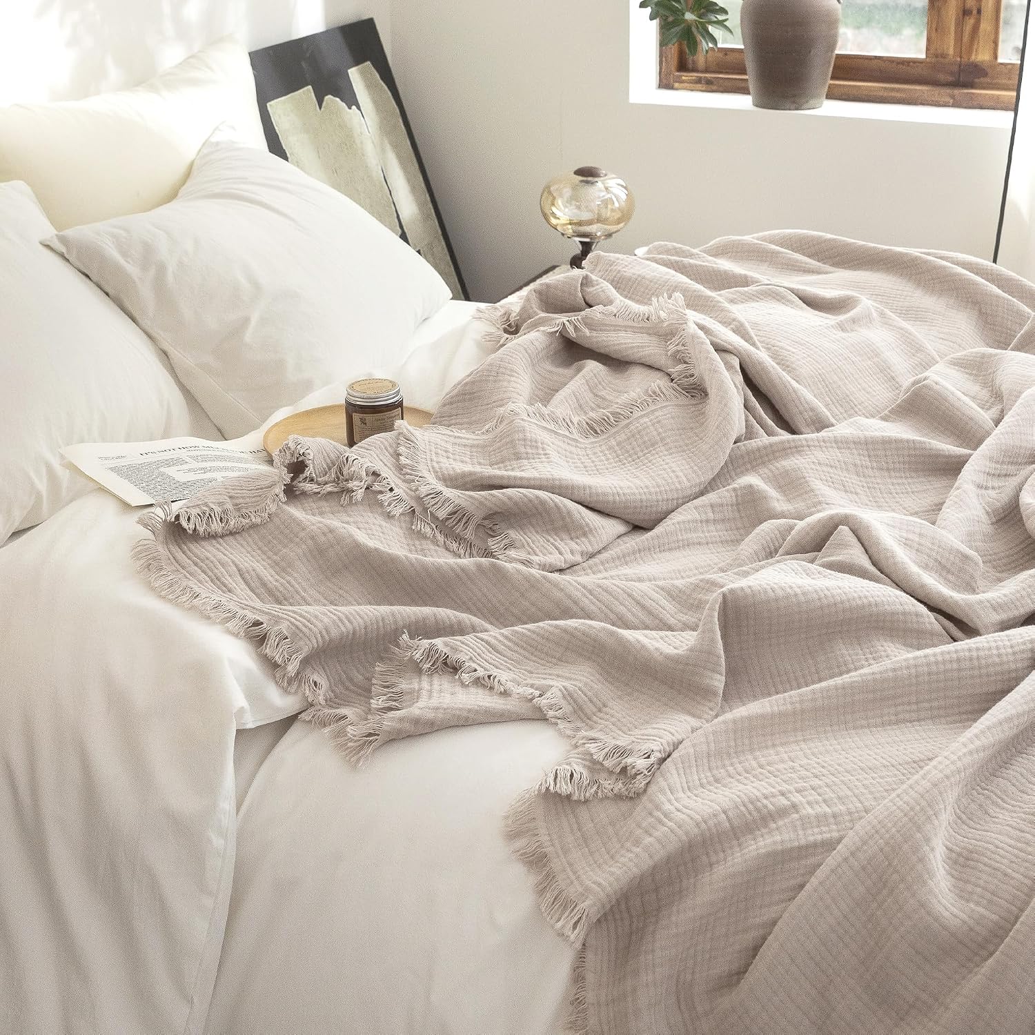 Beige Gray Fringe Cotton Muslin Blanket