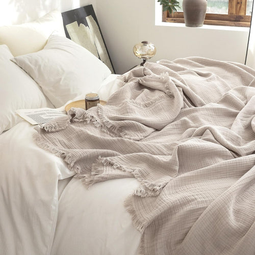 Beige Gray Fringe Cotton Muslin Blanket